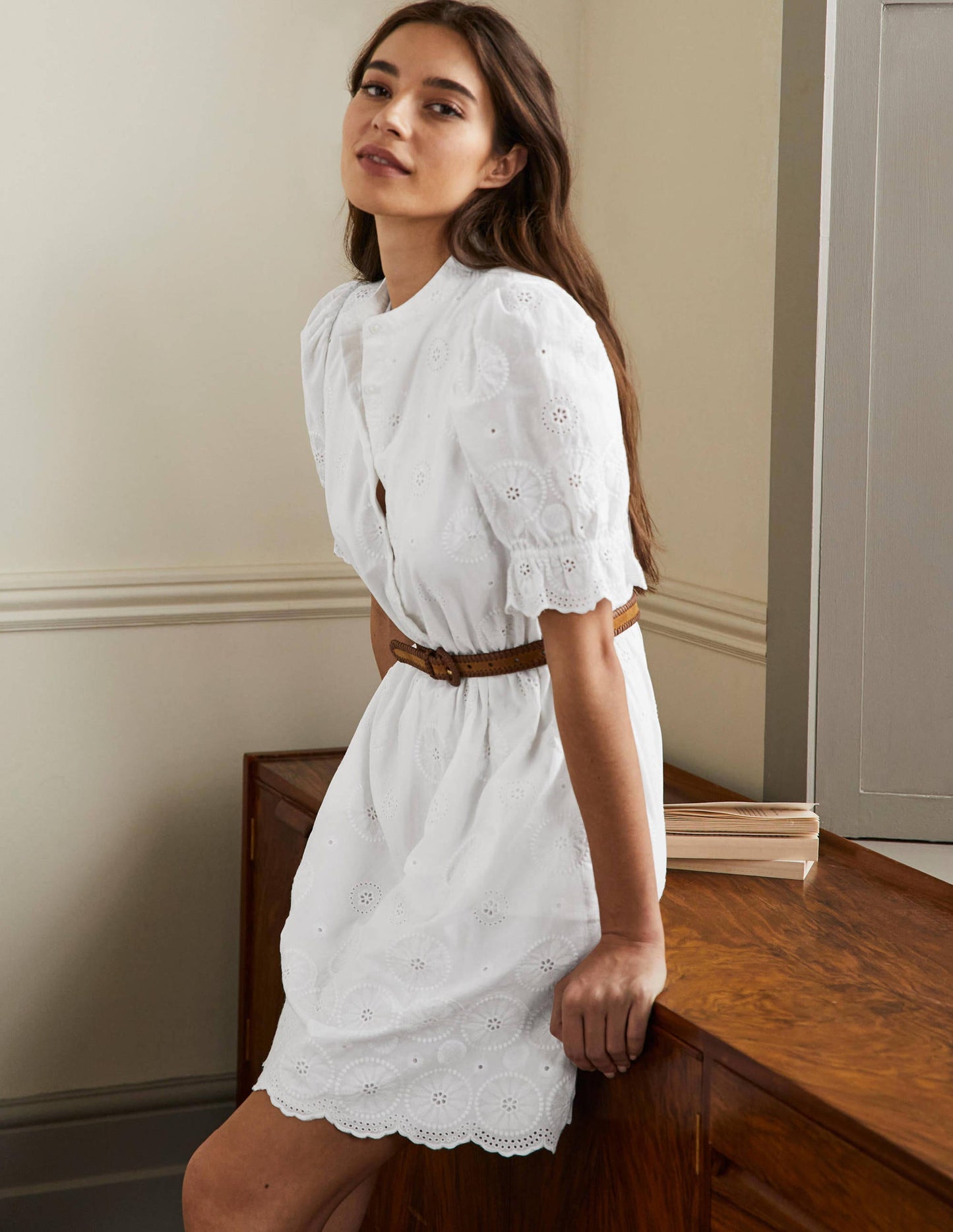 Puff Sleeve Broderie Dress-White