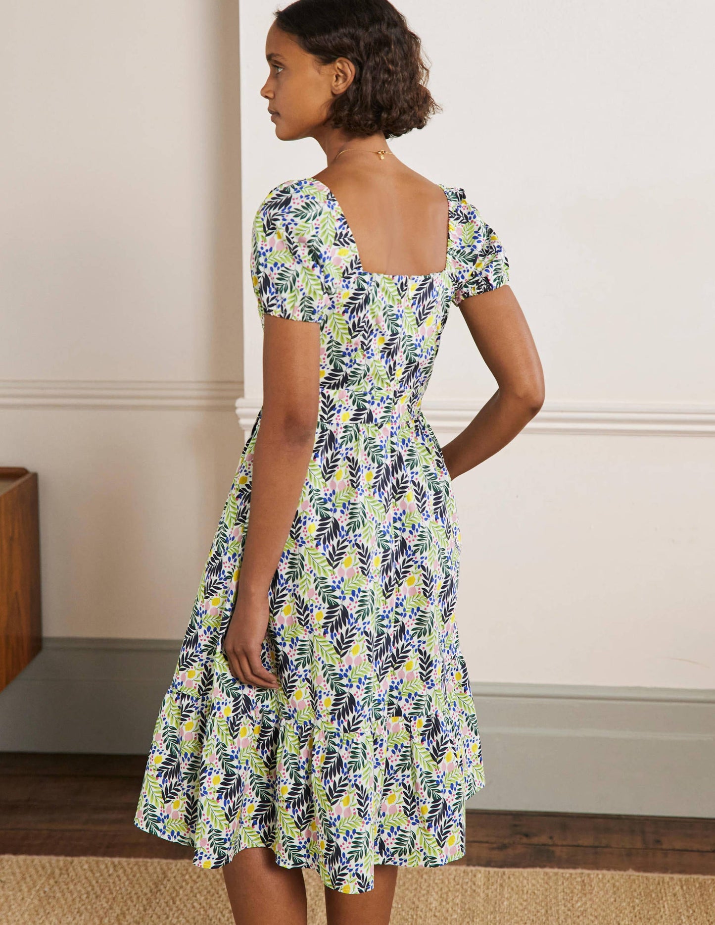 Square Neck Tiered Dress-Multi, Lemon Foliage