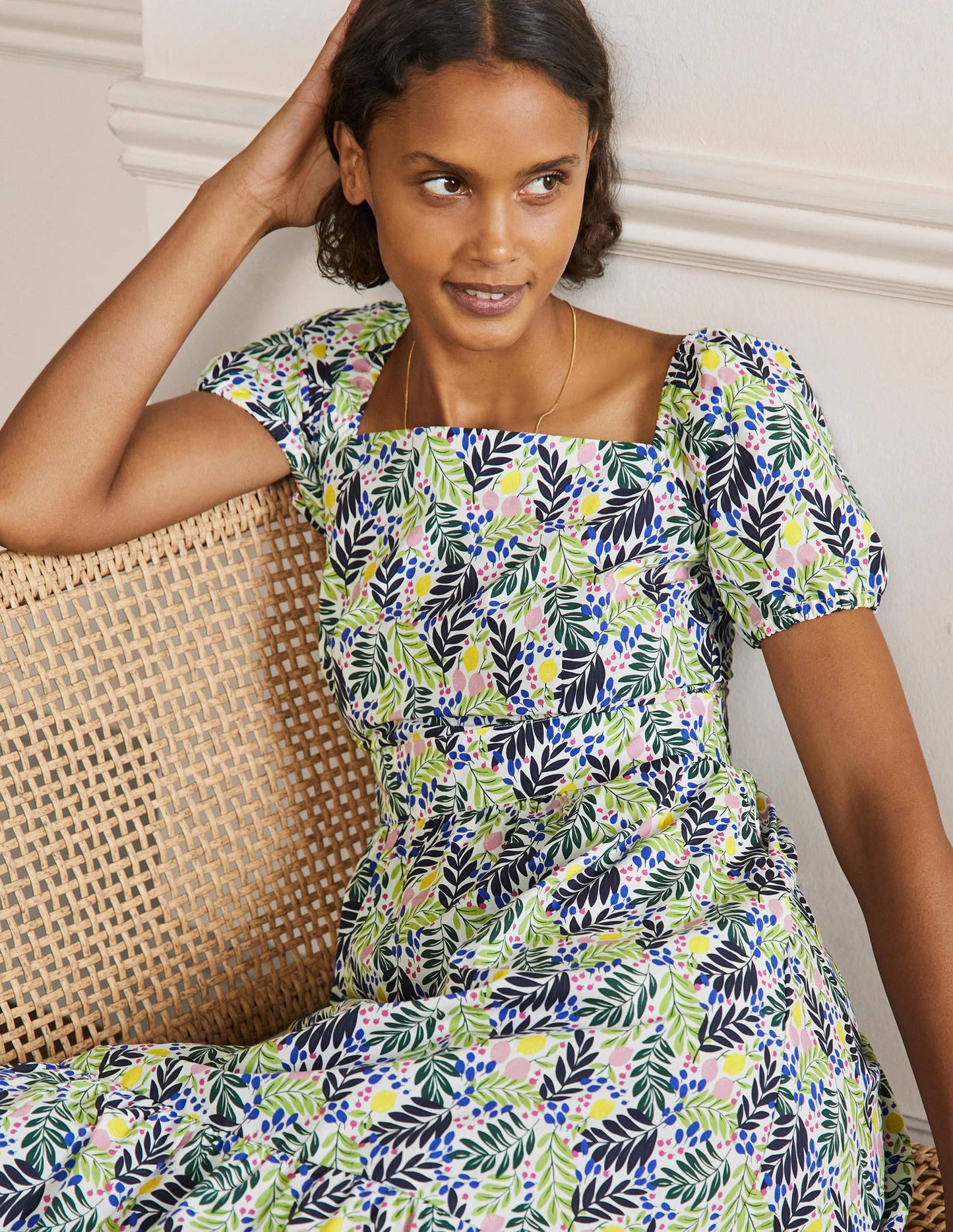 Square Neck Tiered Dress-Multi, Lemon Foliage