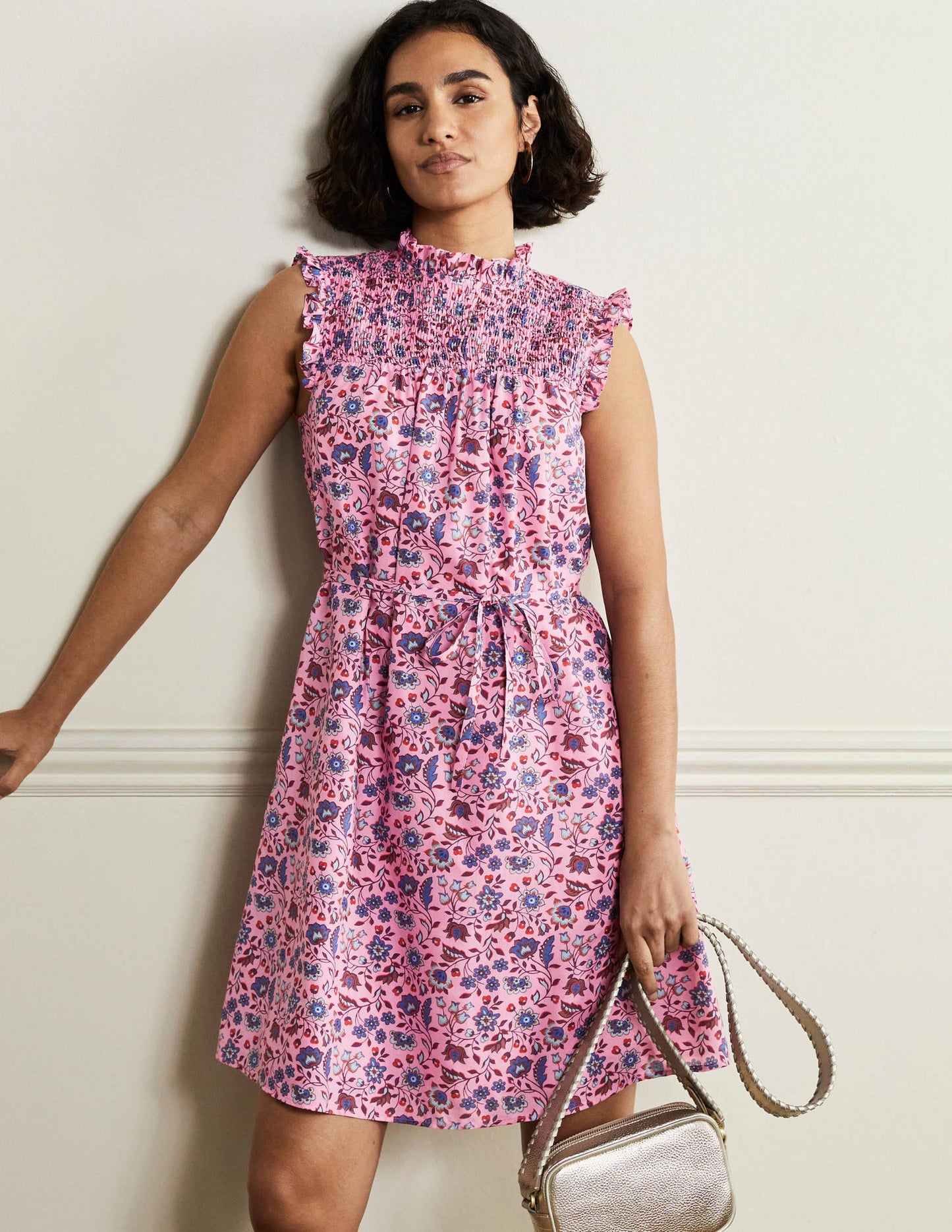 Sleeveless Smocked Mini Dress-Formica Pink Oriental Meadow