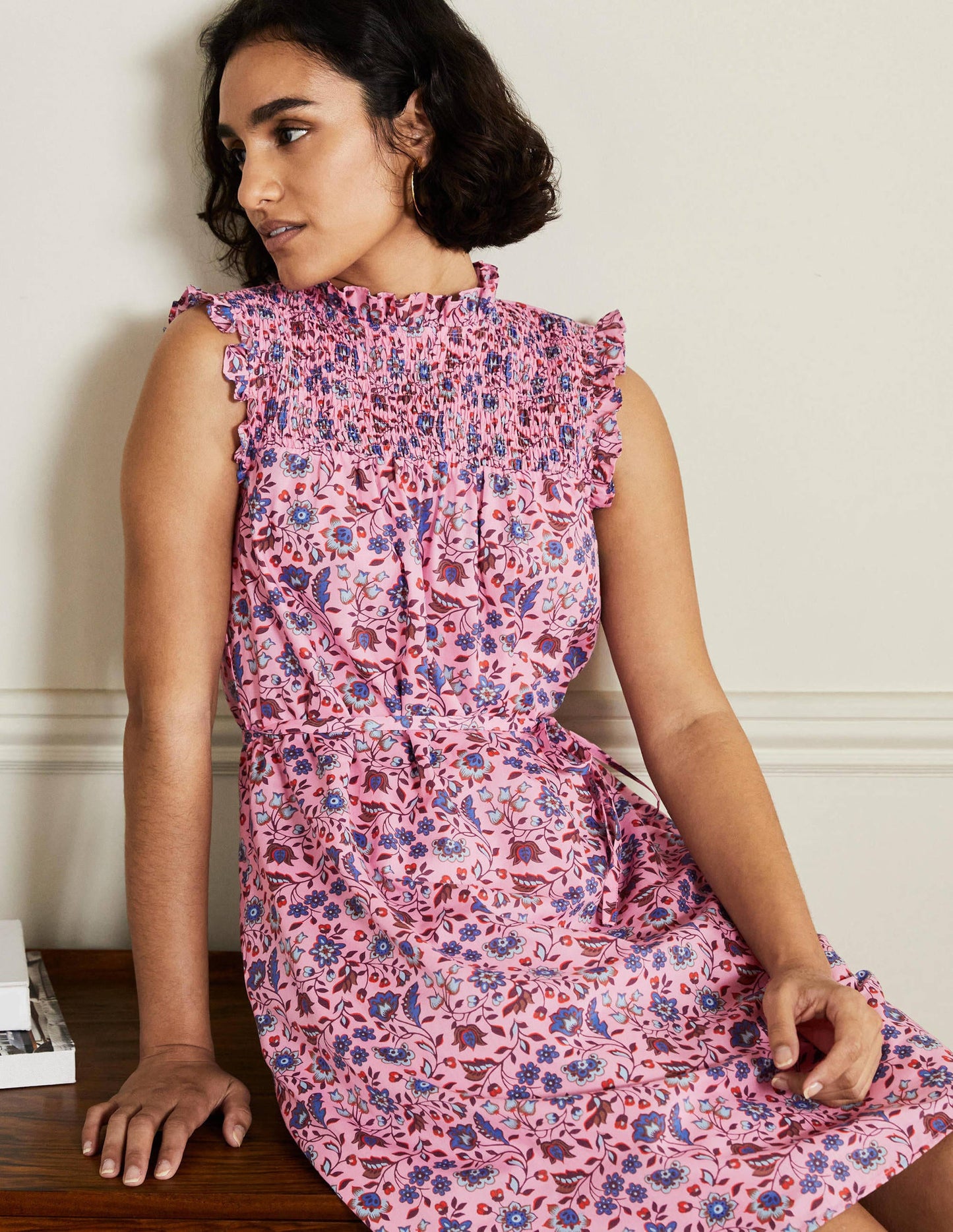 Sleeveless Smocked Mini Dress-Formica Pink Oriental Meadow