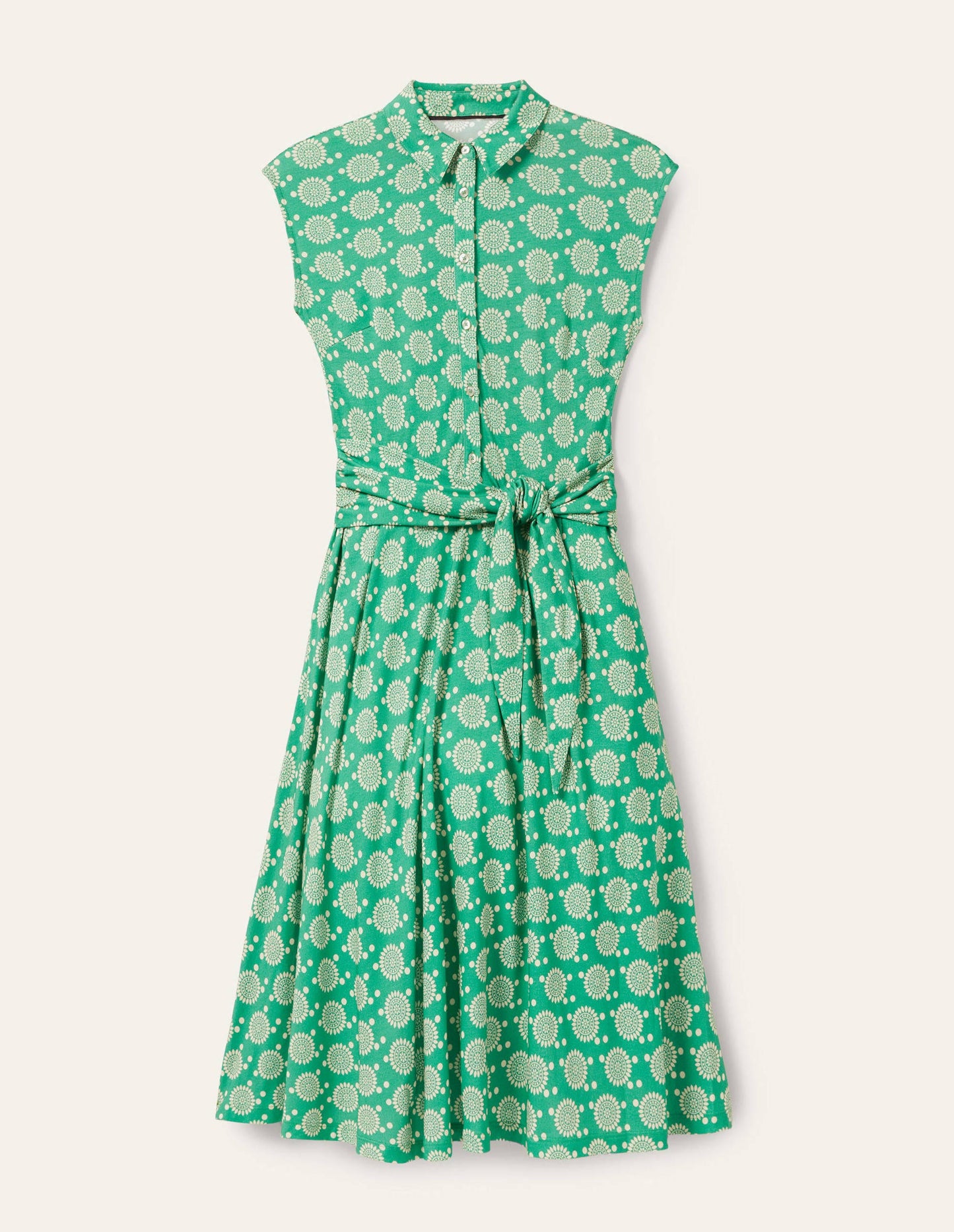 Tie Waist Jersey Shirt Dress-Rich Emerald, Sun Geo