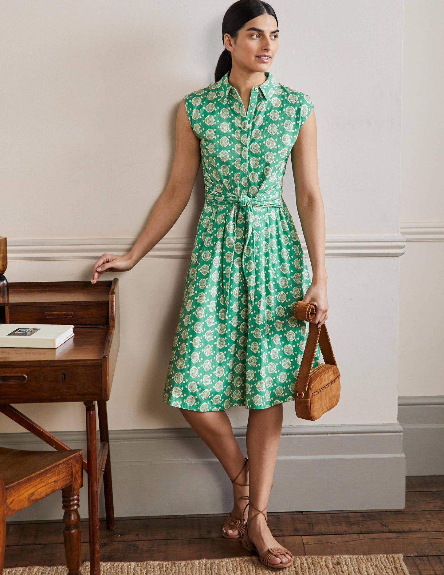 Tie Waist Jersey Shirt Dress-Rich Emerald, Sun Geo