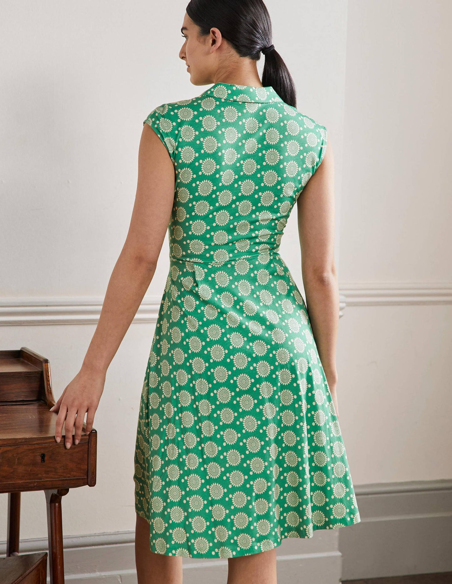 Tie Waist Jersey Shirt Dress-Rich Emerald, Sun Geo
