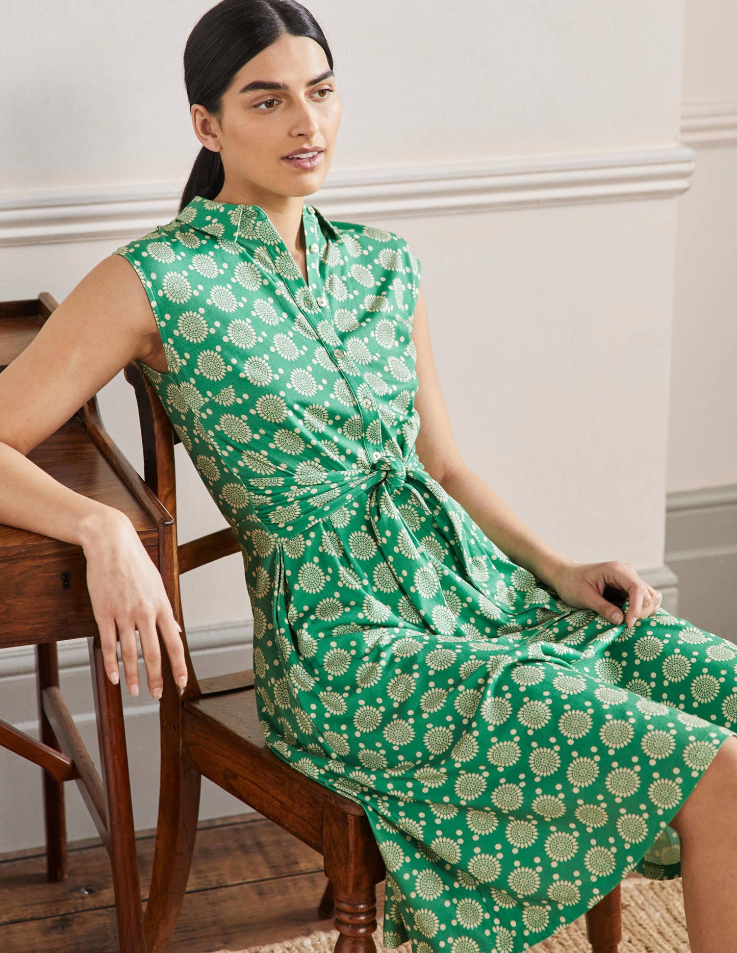 Tie Waist Jersey Shirt Dress-Rich Emerald, Sun Geo