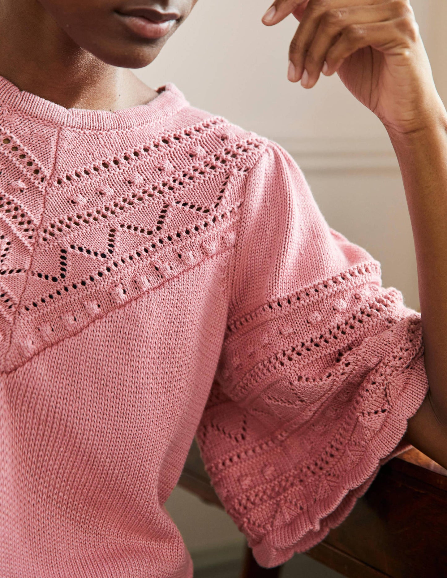Wide Sleeve Crochet Jumper-Formica Pink