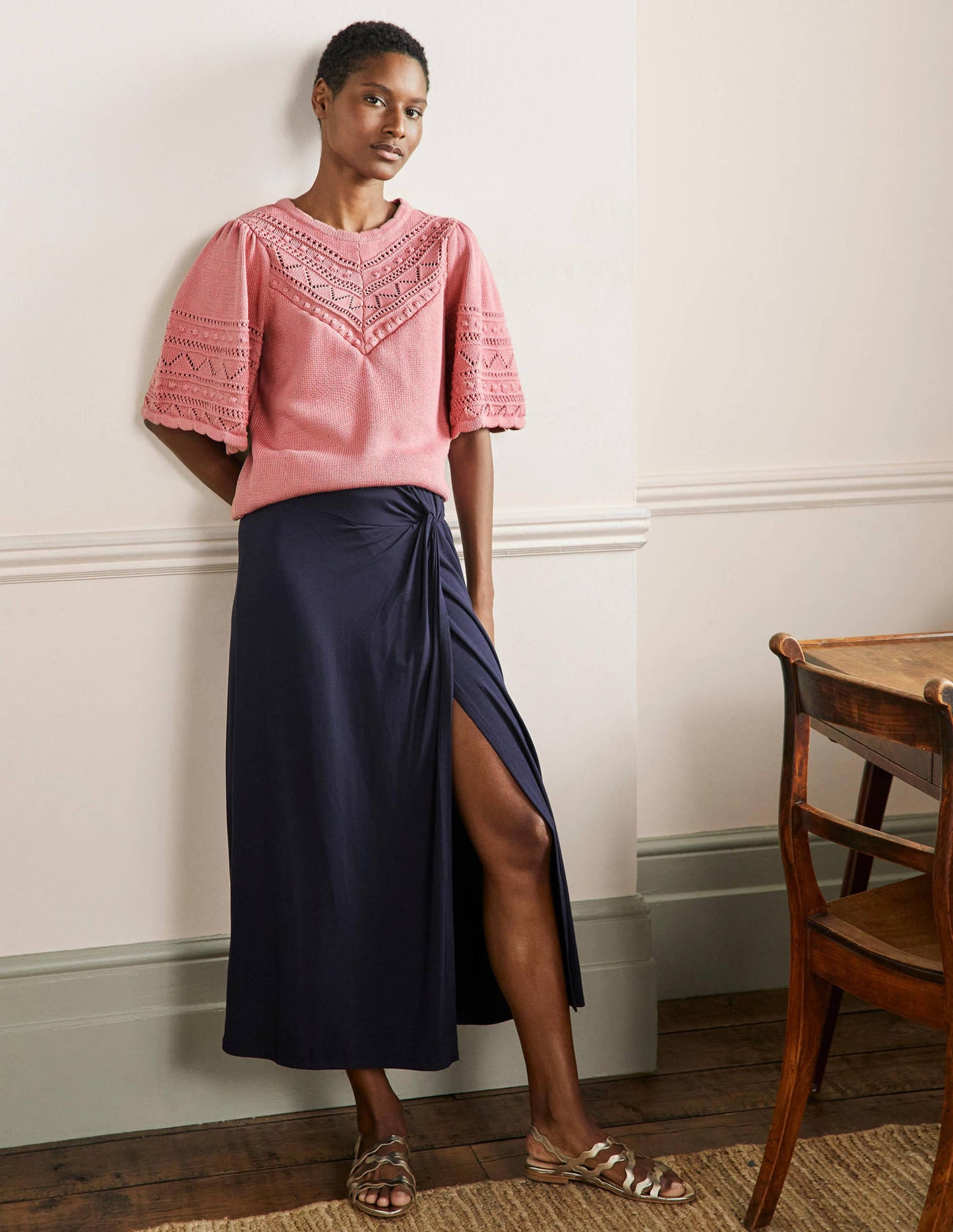 Wide Sleeve Crochet Jumper-Formica Pink