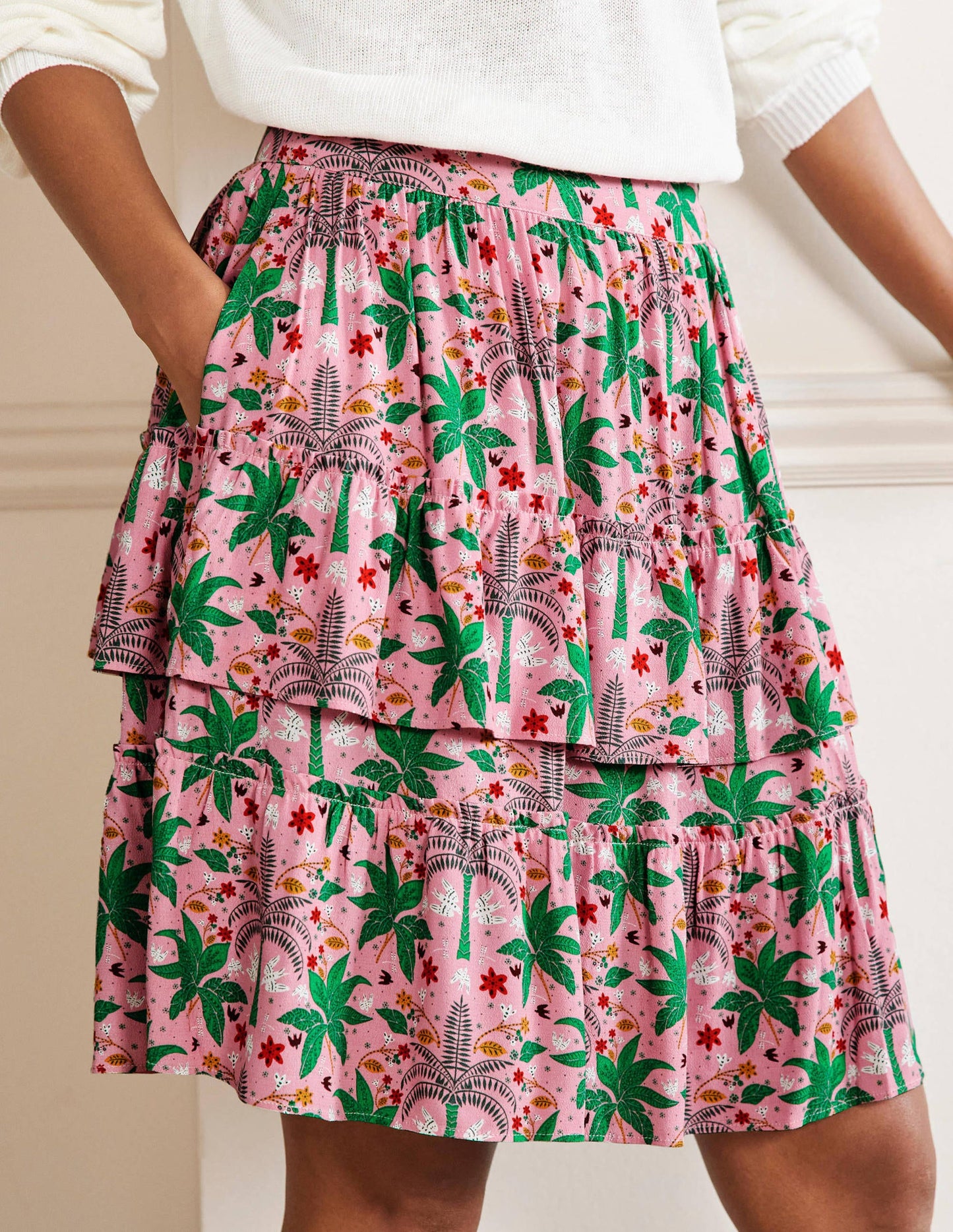 Multi Tiered Crepe Skirt-Posy Pink, Oriental Palm