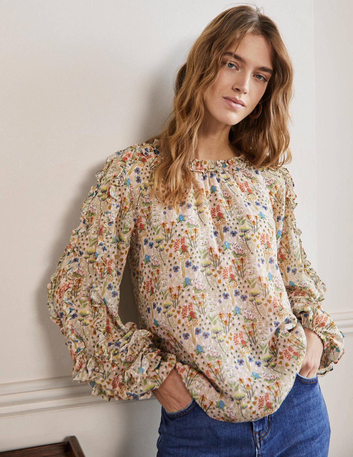 Ruffle Detail Raglan Blouse-Milkshake, Wildflower Bloom