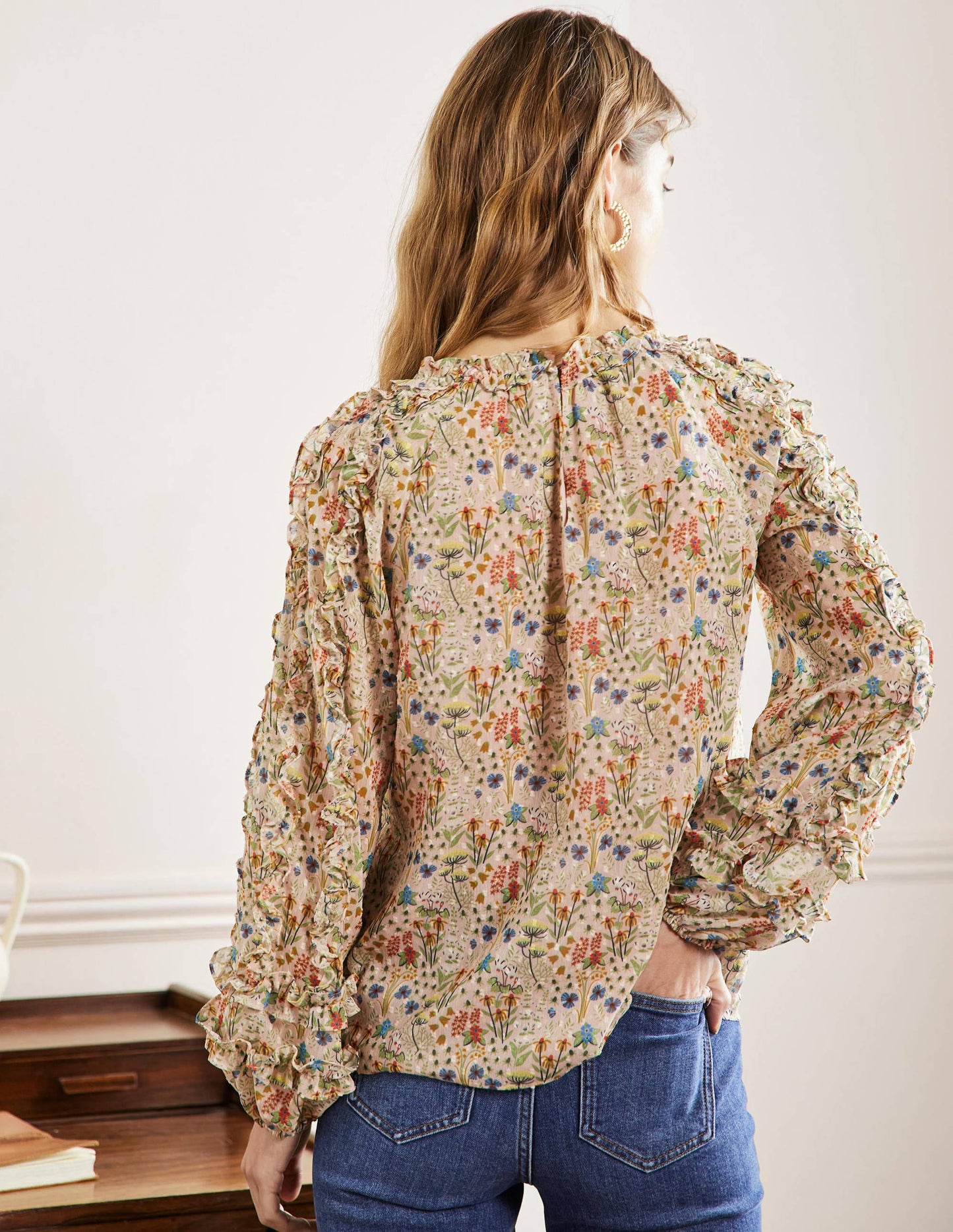 Ruffle Detail Raglan Blouse-Milkshake, Wildflower Bloom