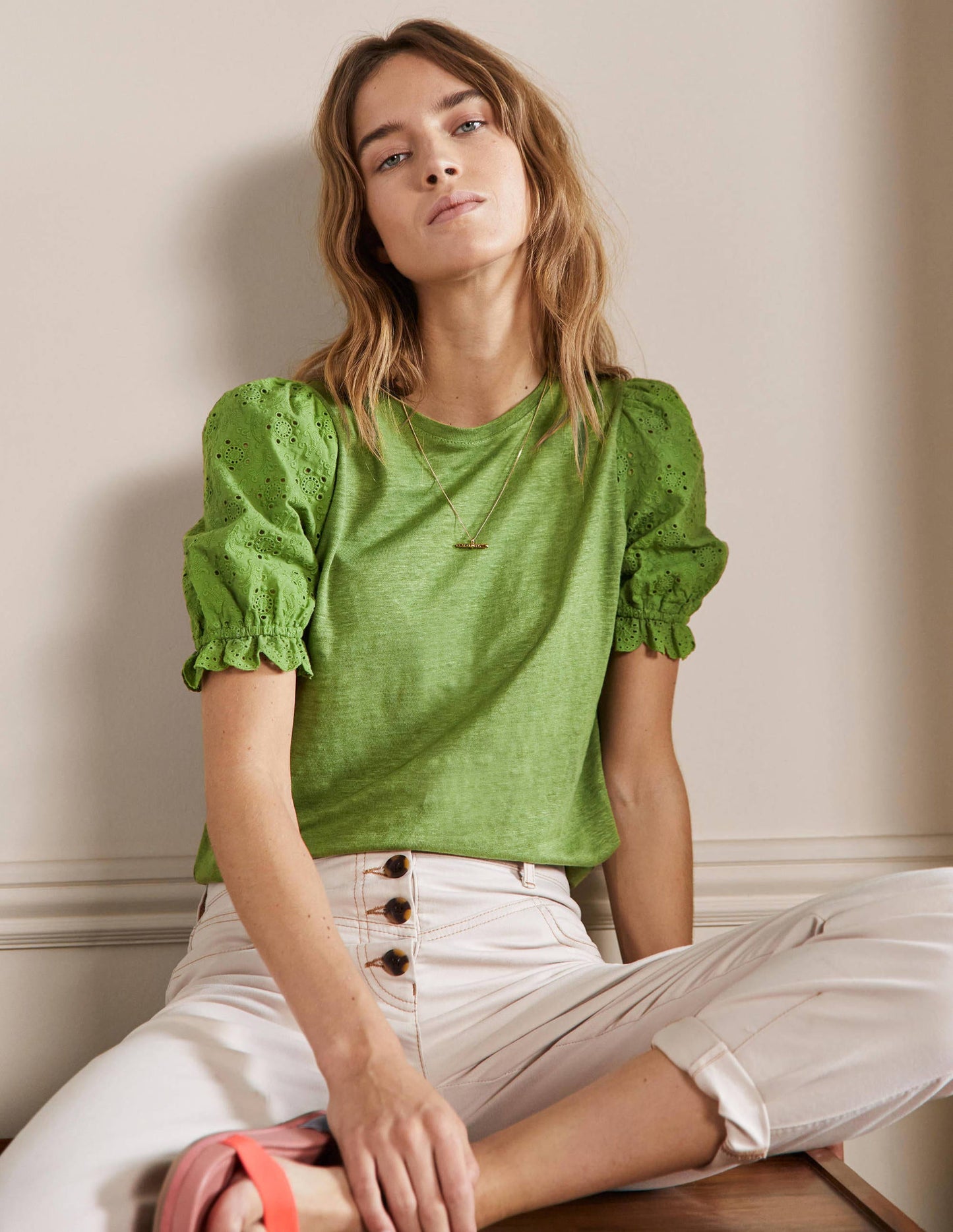 Broderie Sleeve Linen T-Shirt-English Ivy