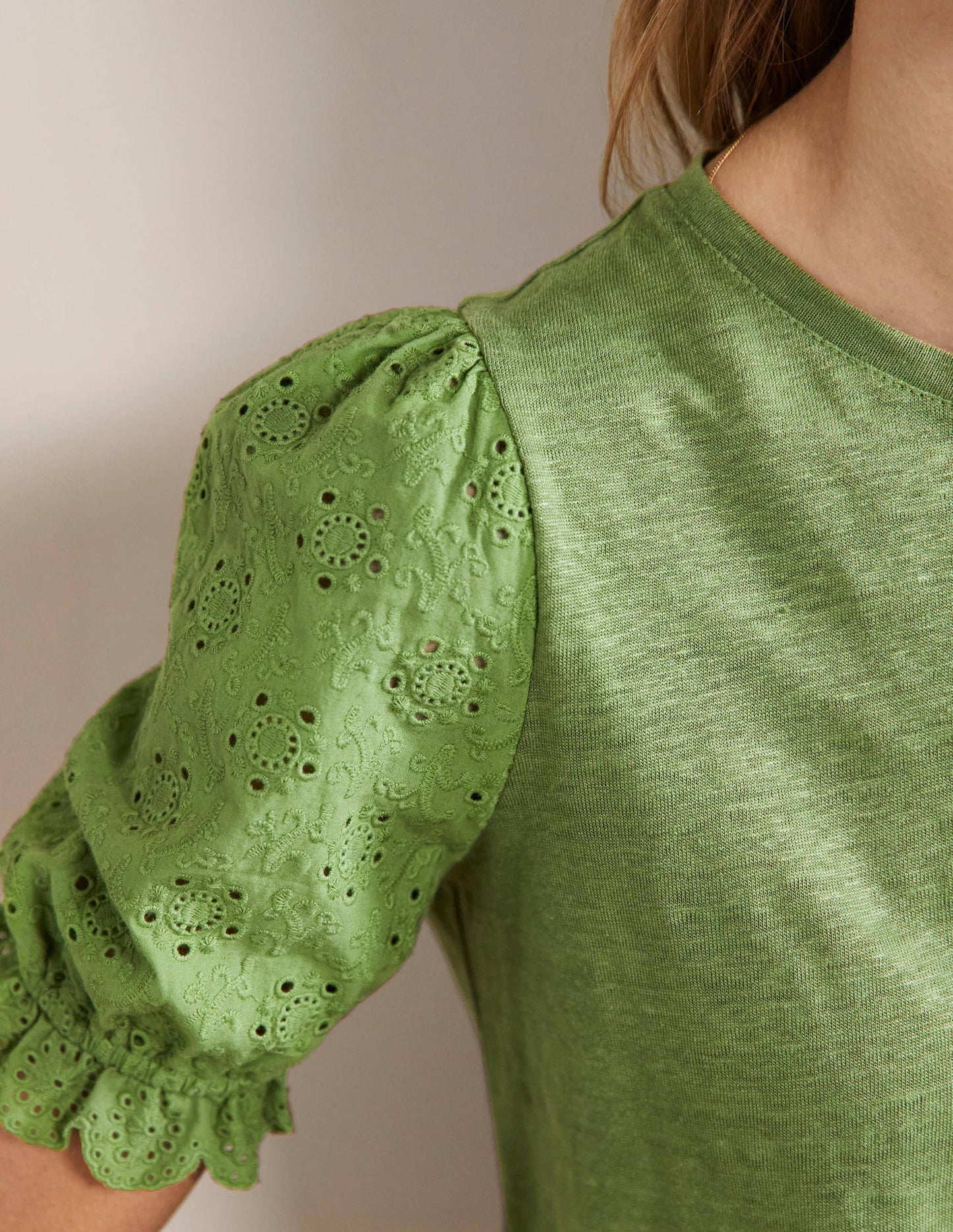 Broderie Sleeve Linen T-Shirt-English Ivy