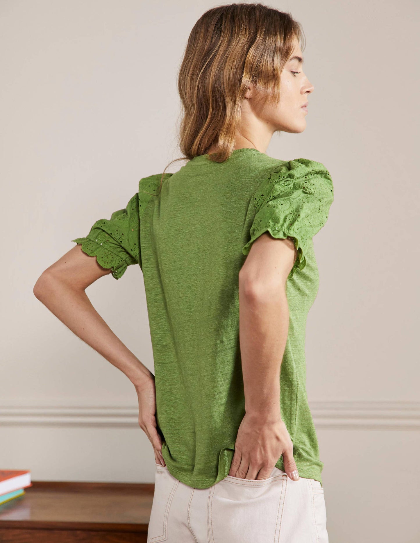 Broderie Sleeve Linen T-Shirt-English Ivy
