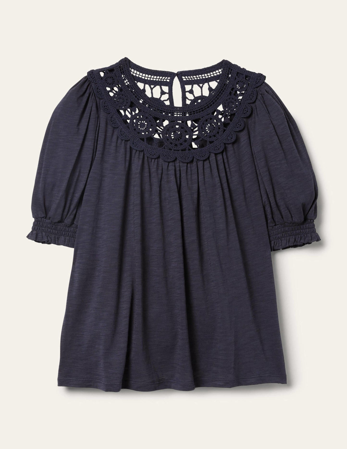 Anais Crochet Puff Sleeve Top-Navy