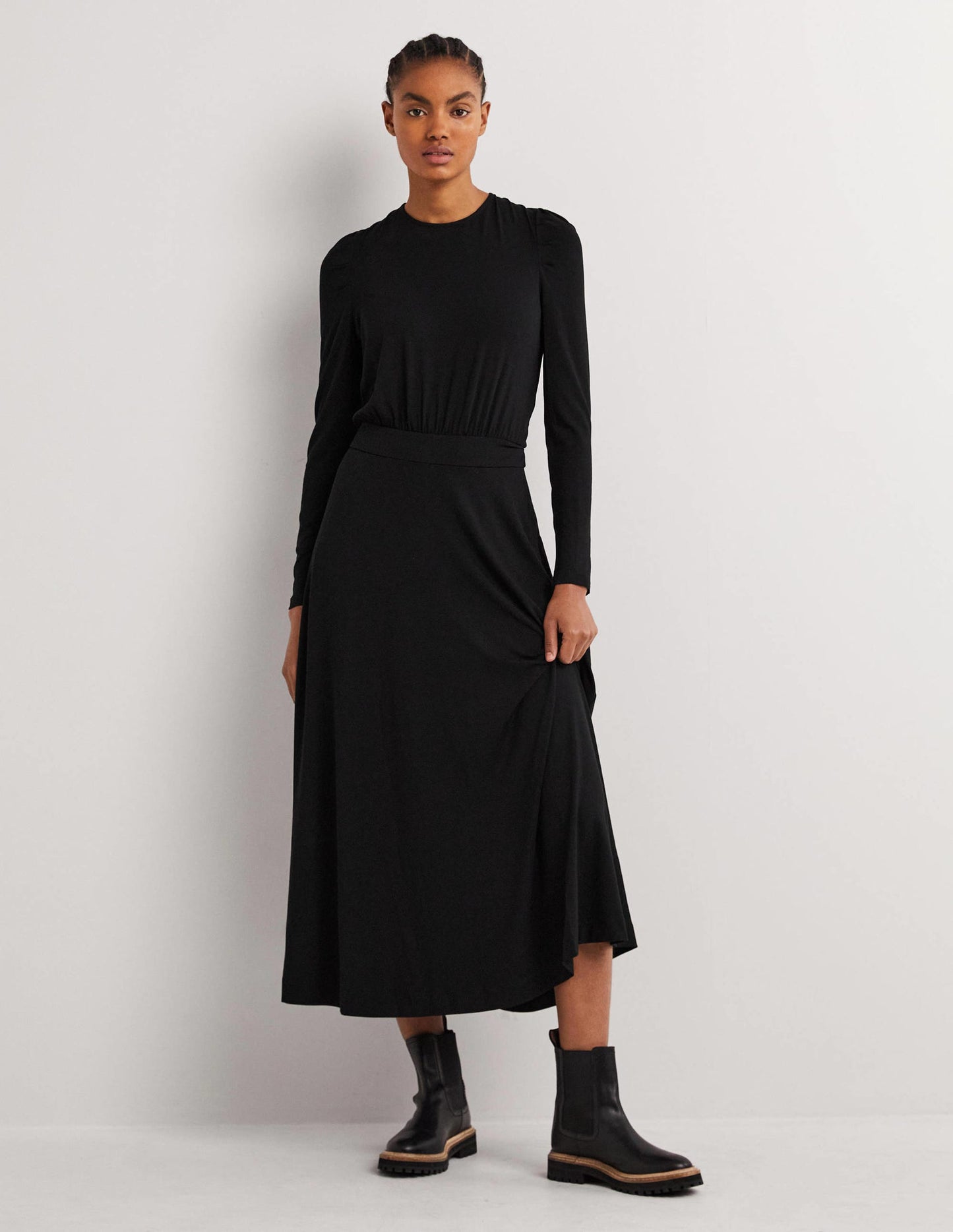 Puff Sleeve Jersey Midi Dress-Black