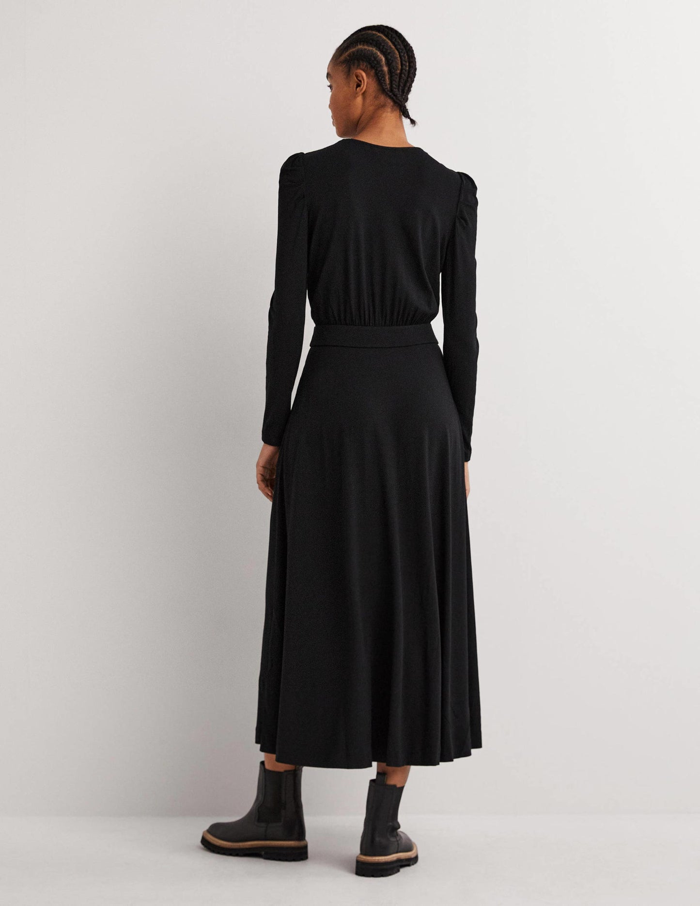 Puff Sleeve Jersey Midi Dress-Black