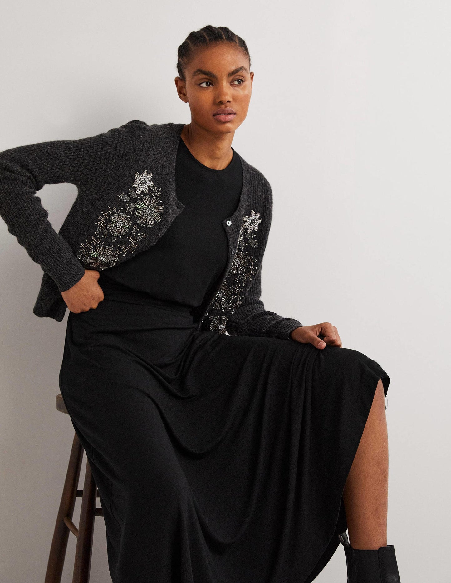 Puff Sleeve Jersey Midi Dress-Black