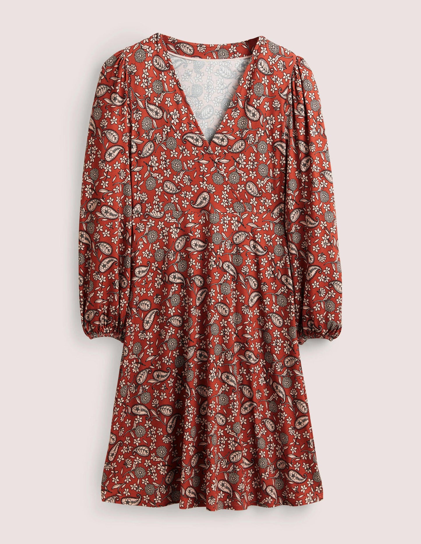 Easy Fixed Wrap Jersey Dress-Chili Oil, Flower Garden