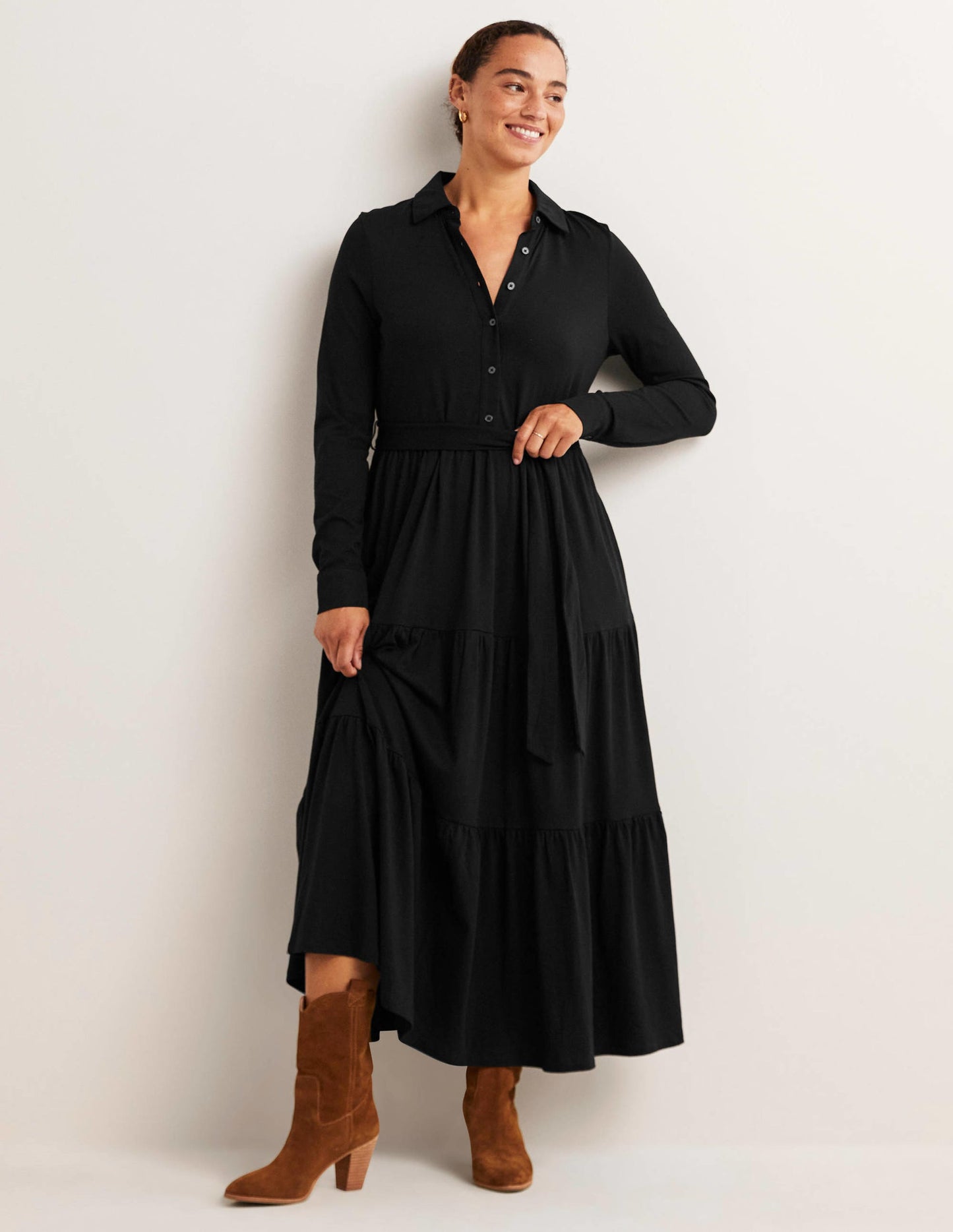 Tiered Jersey Maxi Shirt Dress-Black