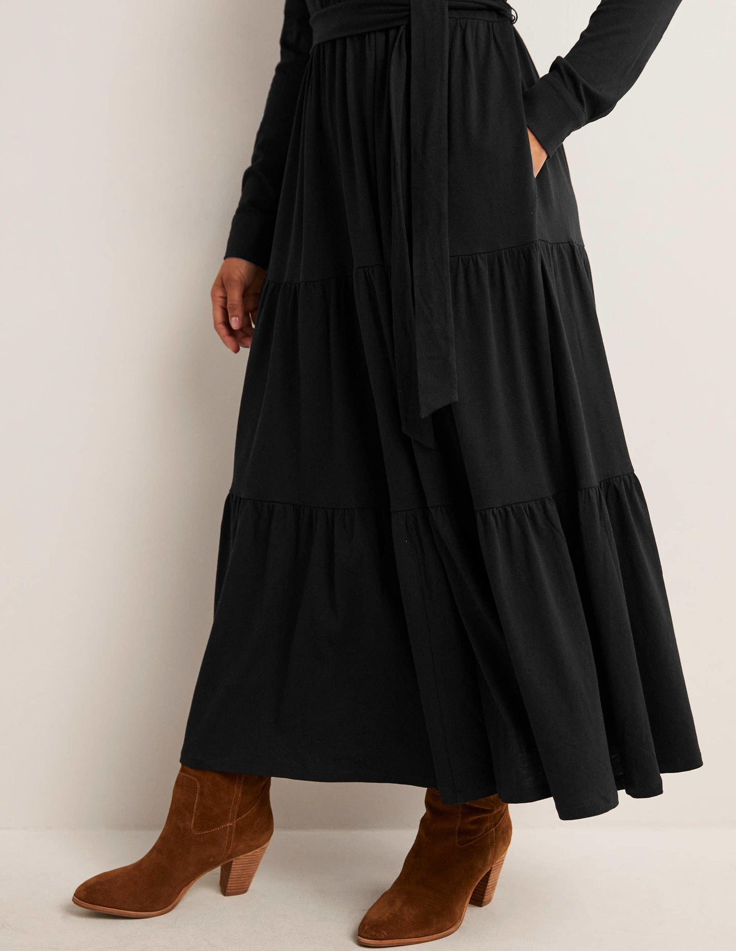 Tiered Jersey Maxi Shirt Dress-Black