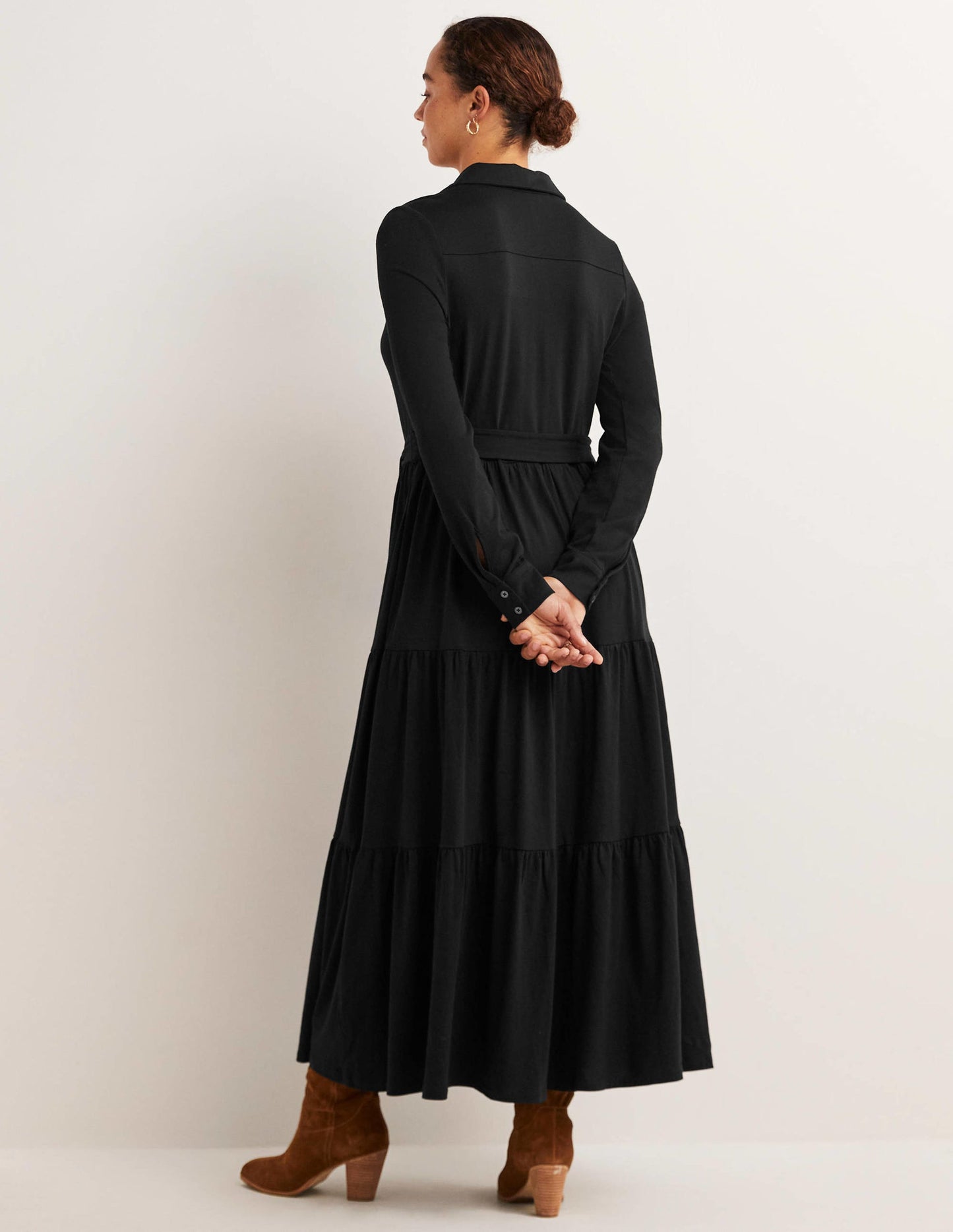 Tiered Jersey Maxi Shirt Dress-Black