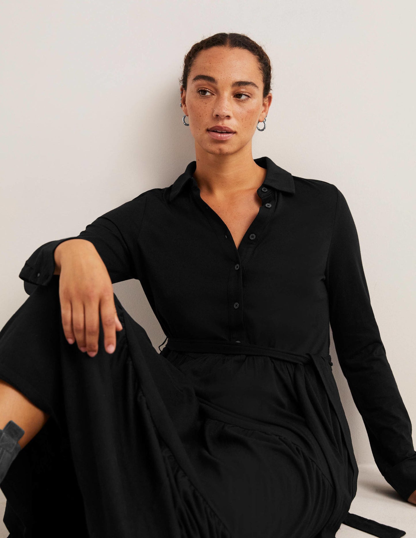 Tiered Jersey Maxi Shirt Dress-Black