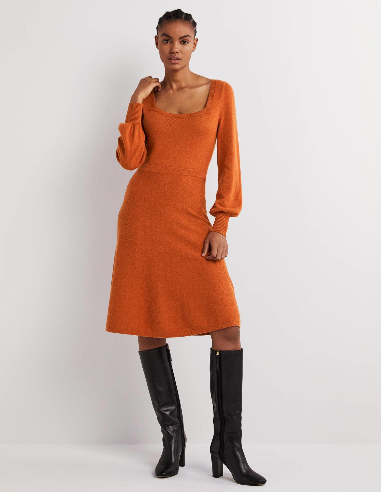 Square Neck Knitted Dress-Copper Red