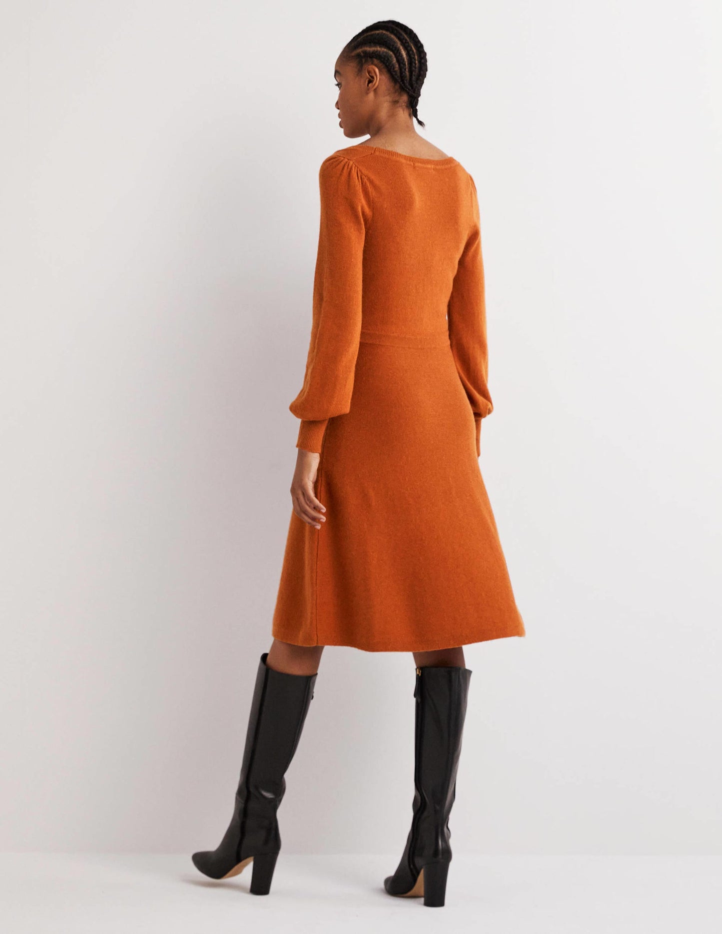 Square Neck Knitted Dress-Copper Red
