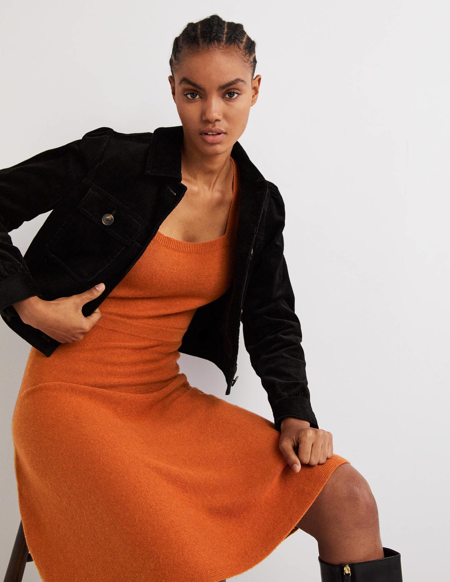 Square Neck Knitted Dress-Copper Red