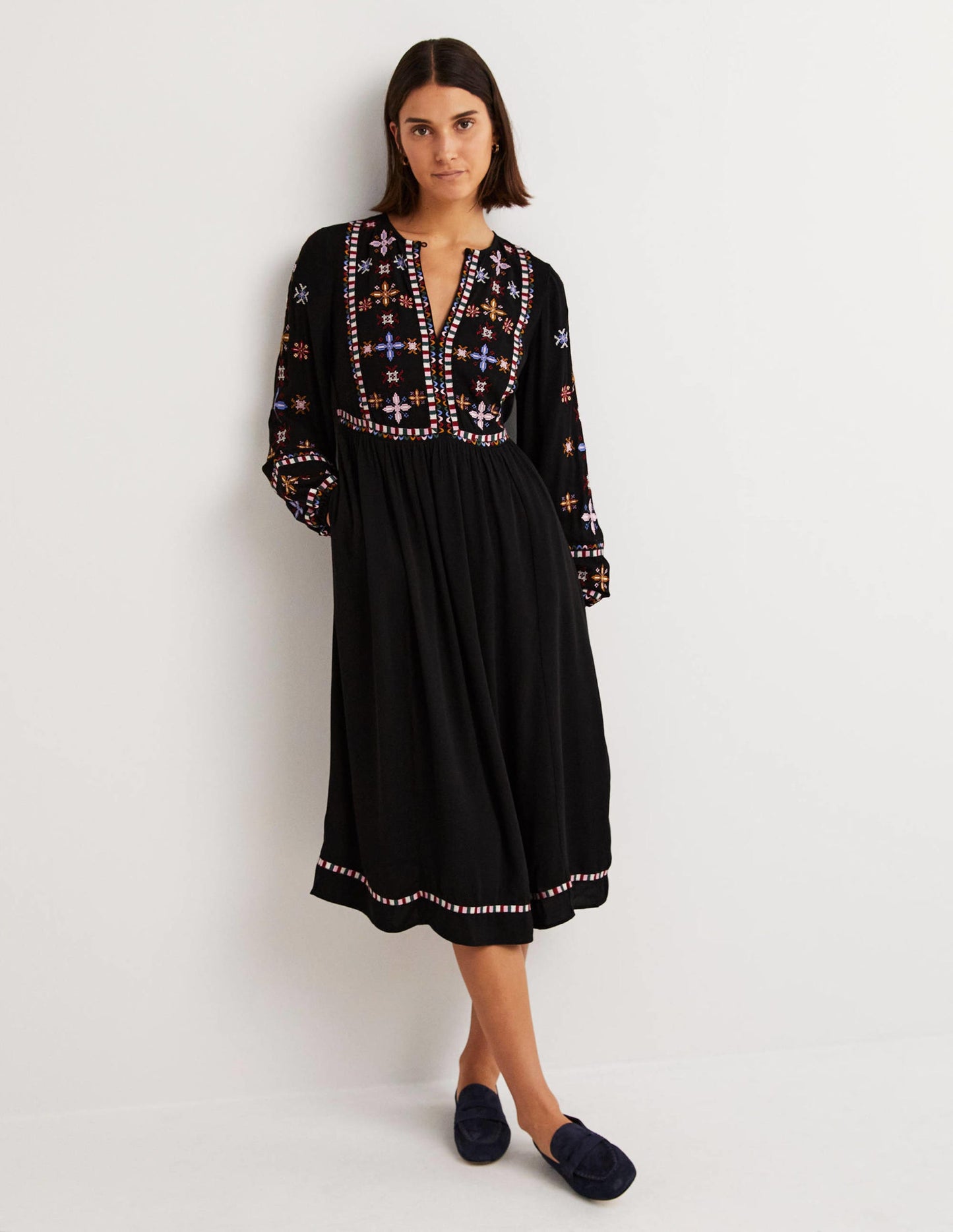 Embroidered Midi Dress-Black
