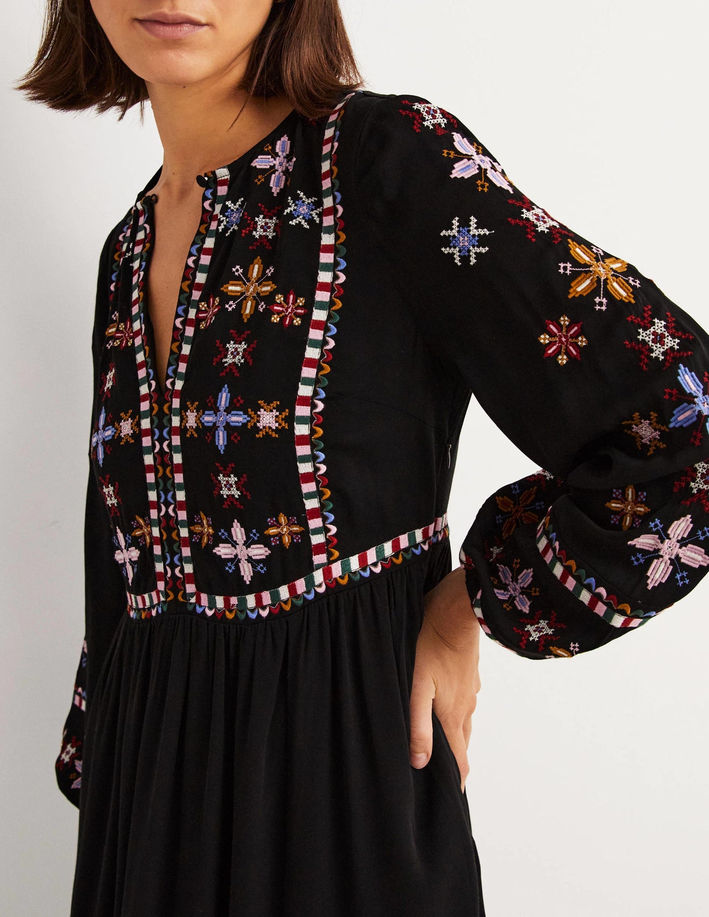 Embroidered Midi Dress-Black