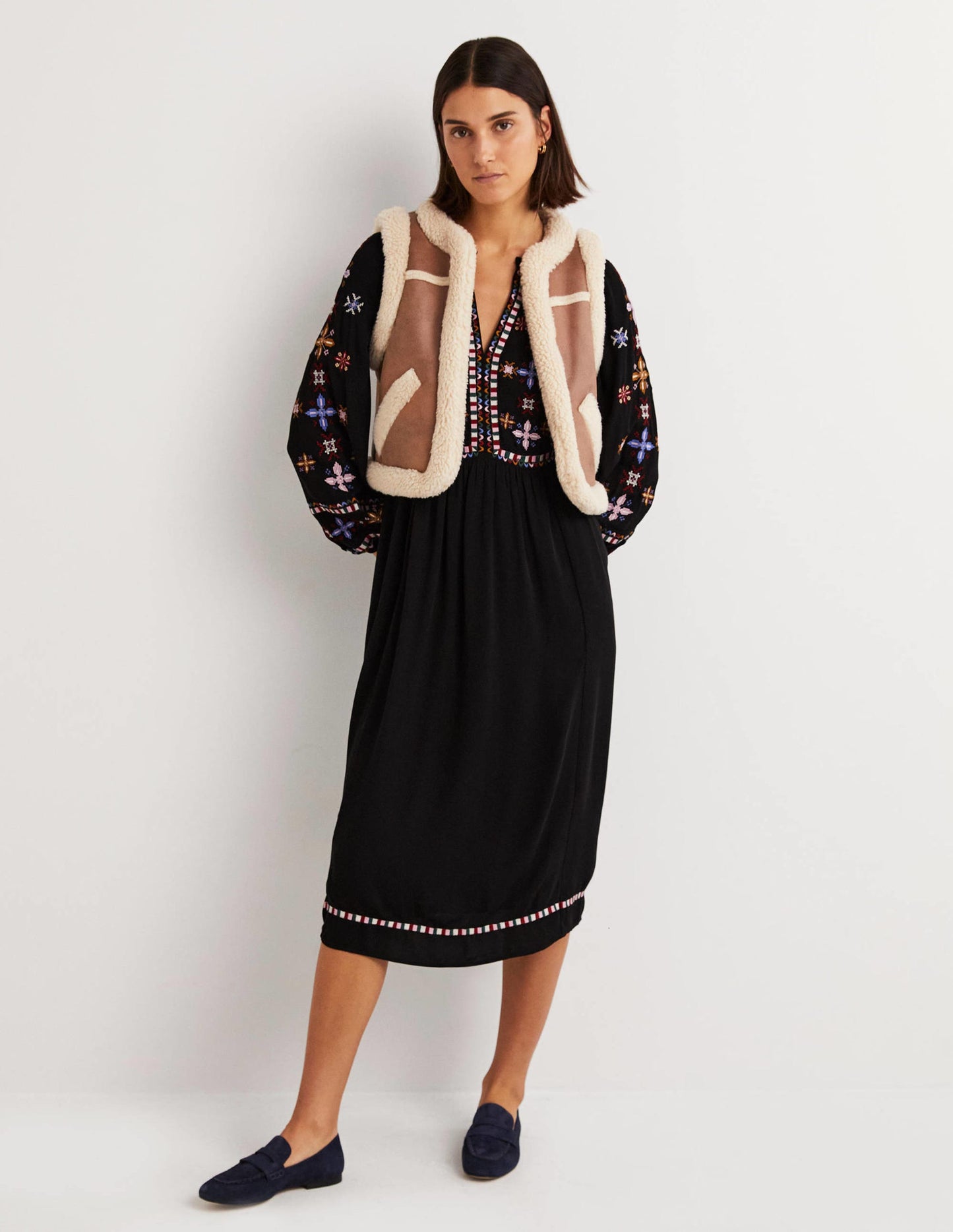 Embroidered Midi Dress-Black