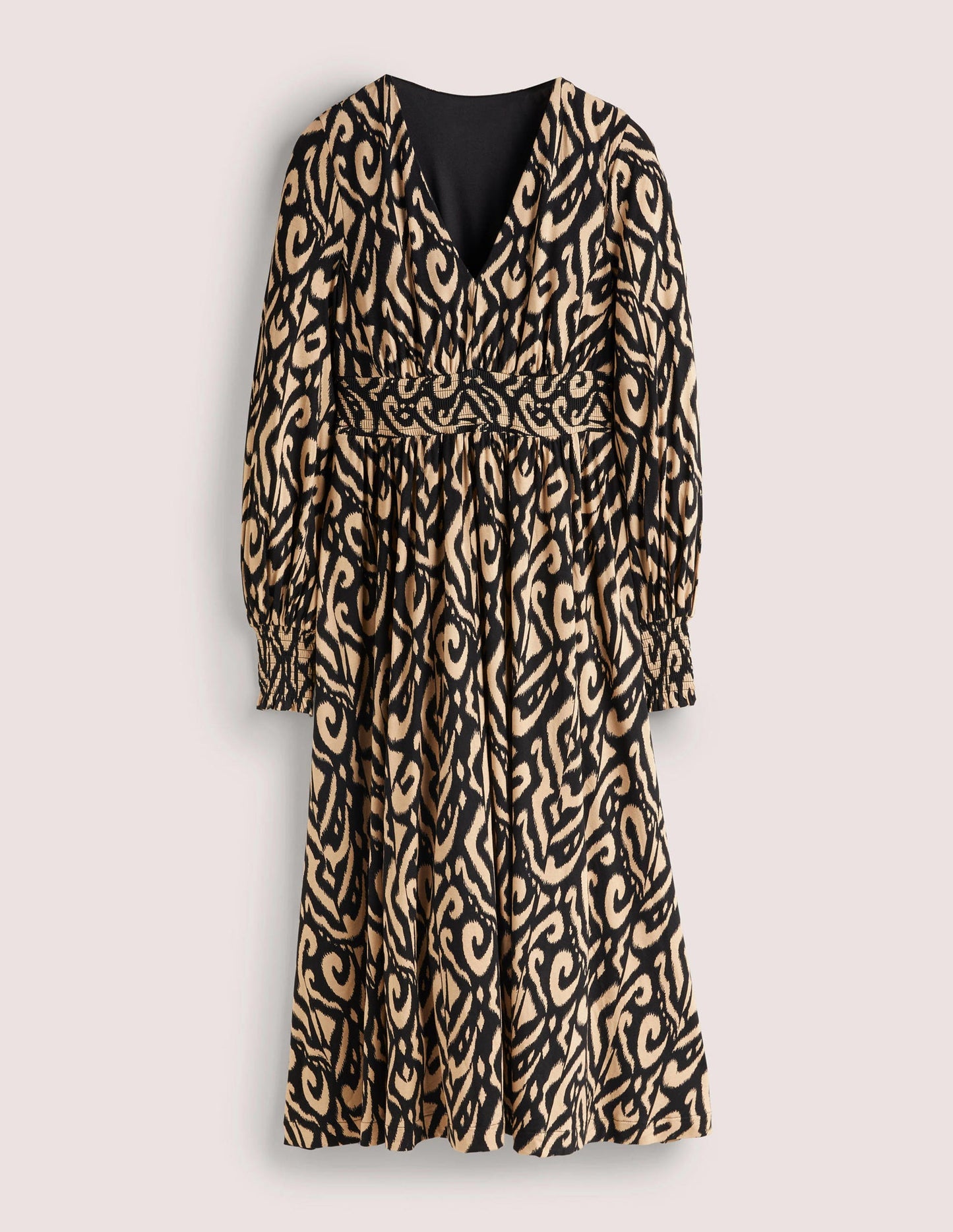 Smocked Jersey Midi Dress-Black, Ikat