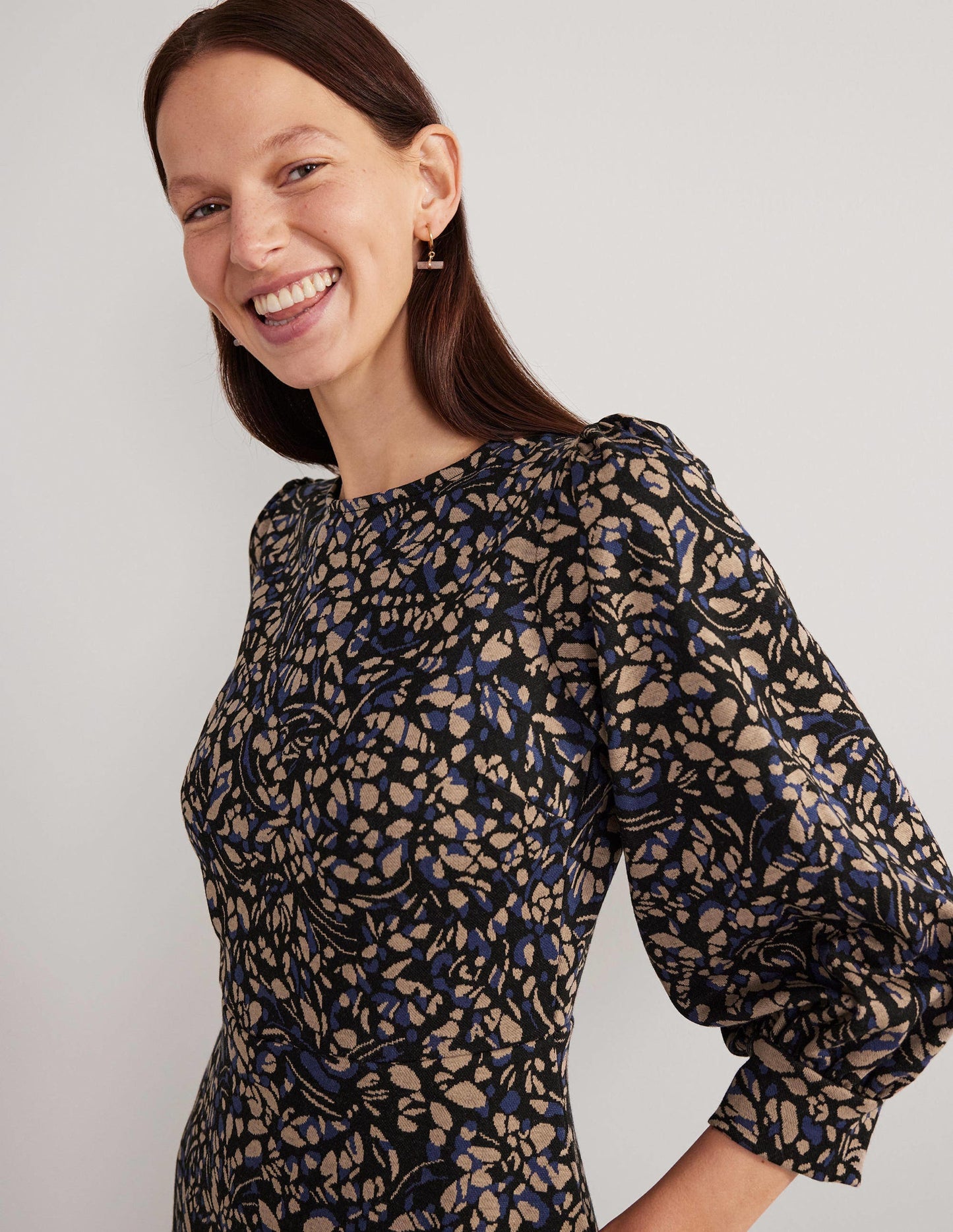 Jersey Jacquard Midi Dress-Spiced Latte, Leaf Cluster