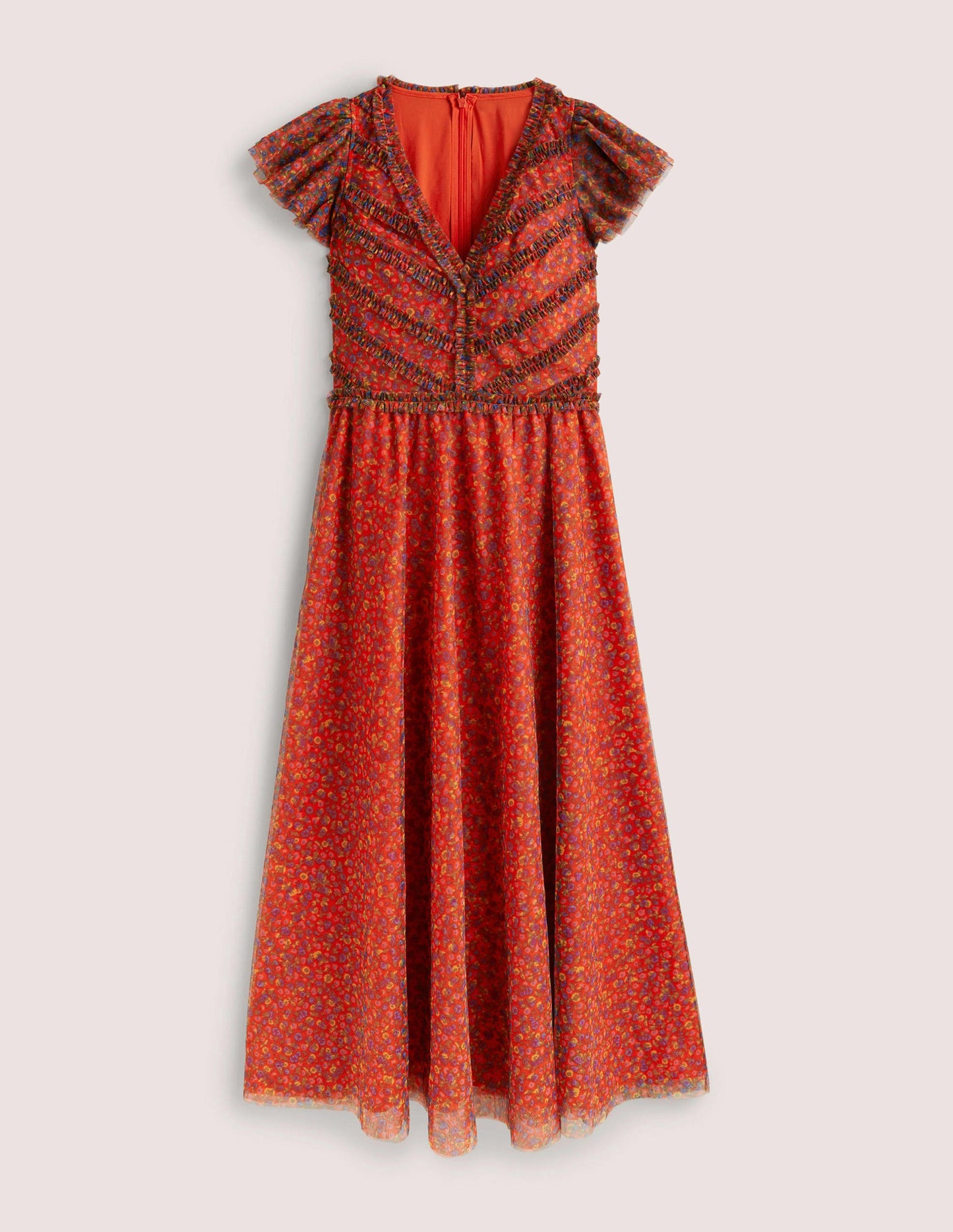 Tulle V-Neck Maxi Party Dress-Rocket Red, Floral Terrace