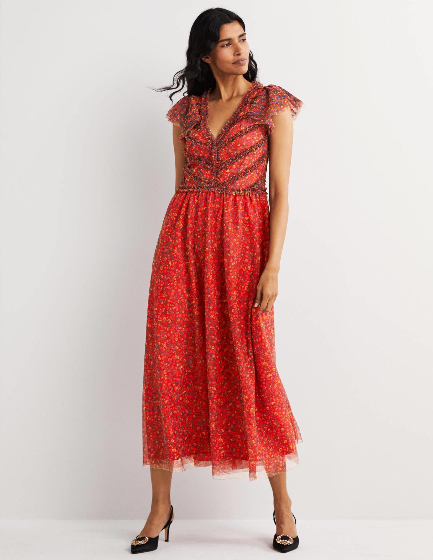 Tulle V-Neck Maxi Party Dress-Rocket Red, Floral Terrace