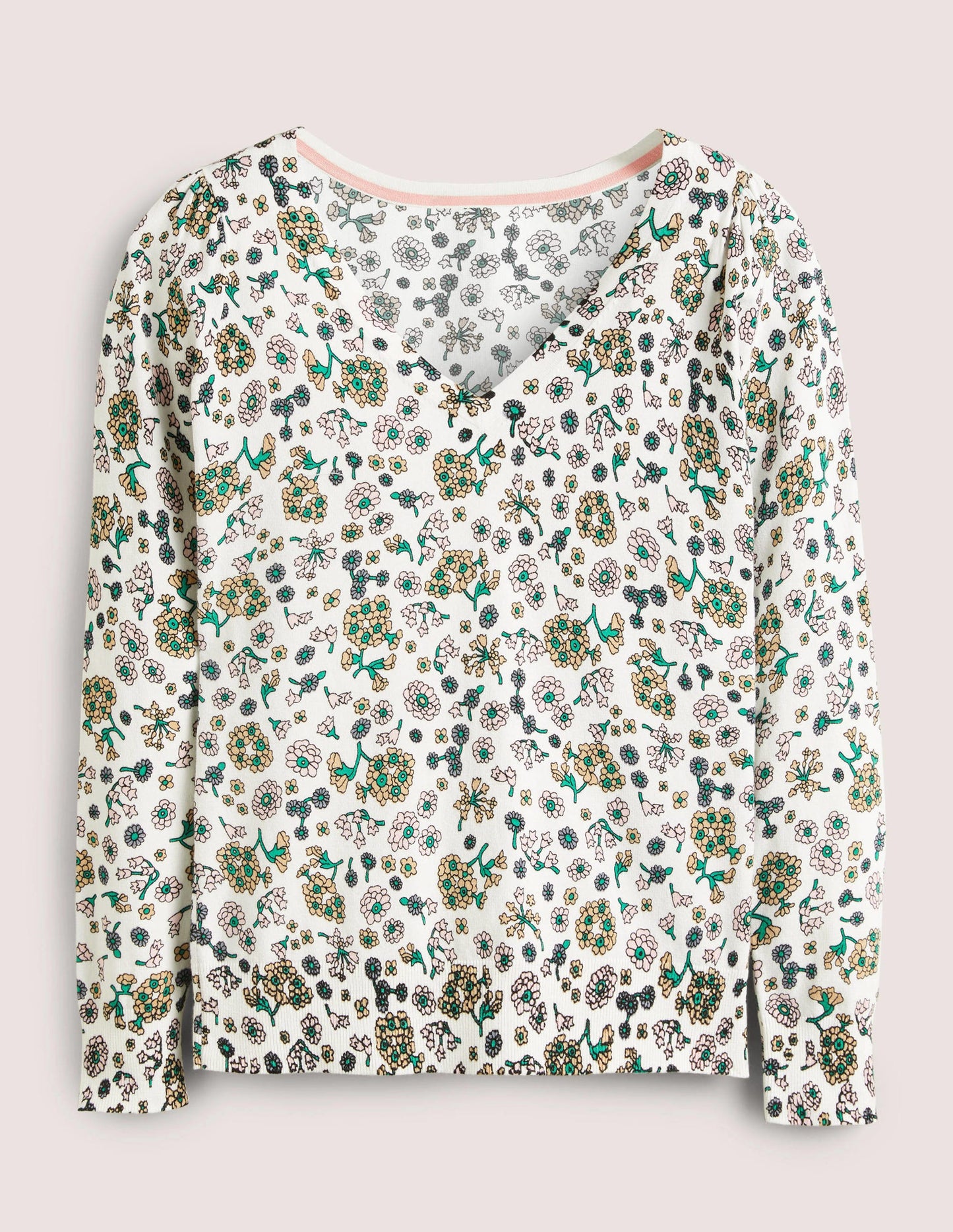 Cotton V-Neck Jumper-Ivory, Ditsy Charm
