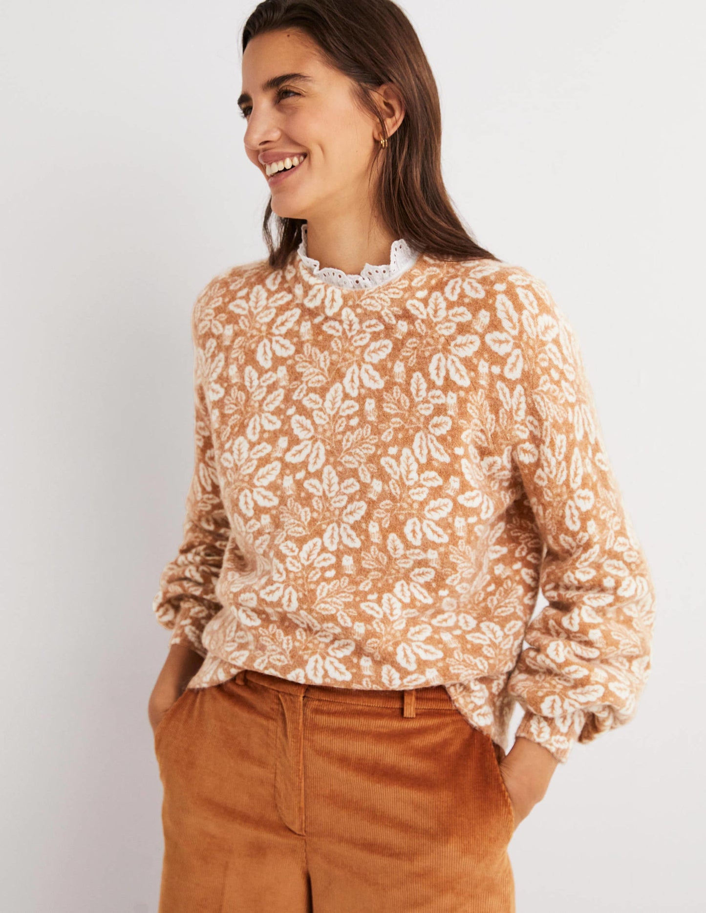 Blouson Sleeve Fluffy Jumper-Assam Brown, Acorn Leaf