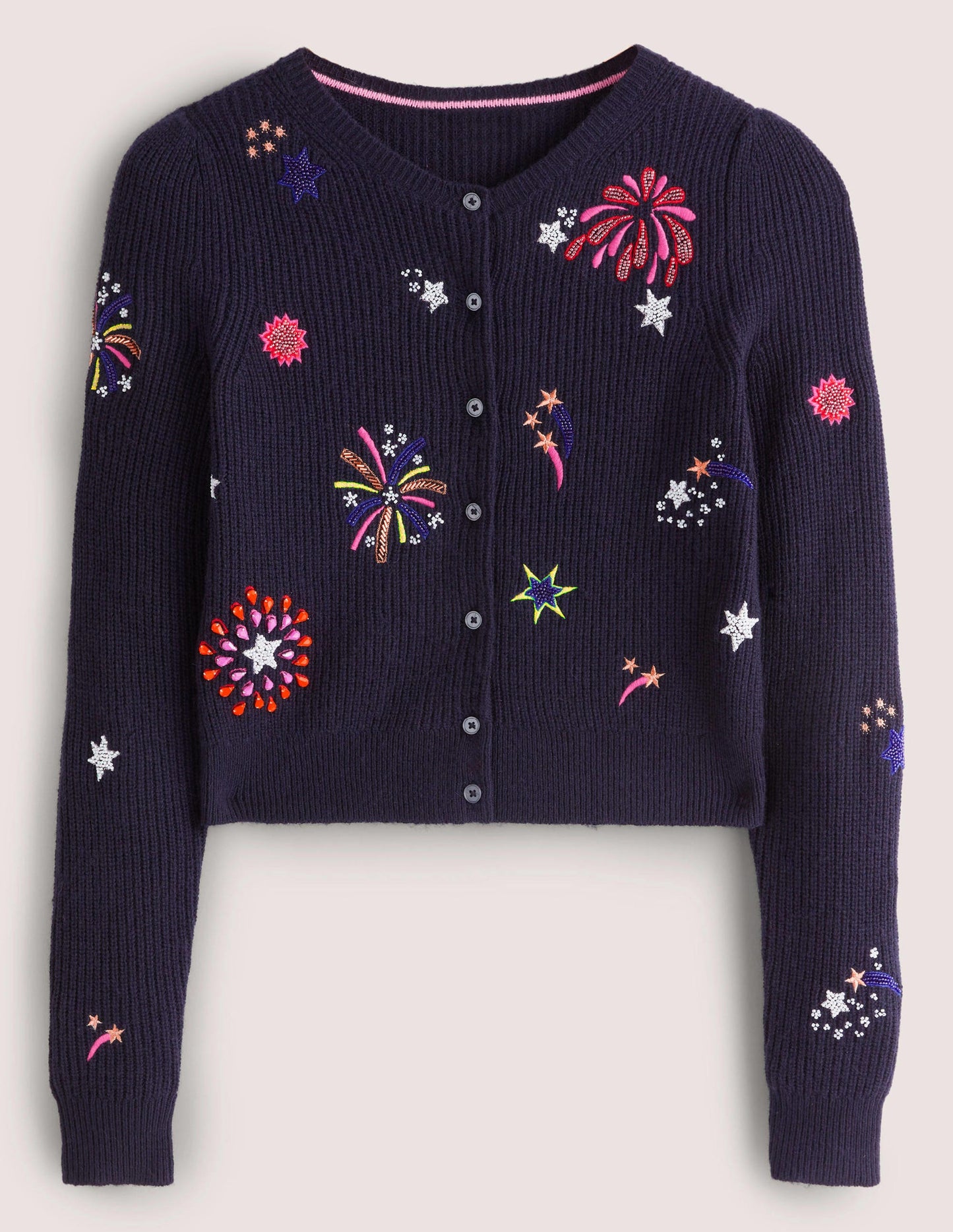 Navy Fireworks-Embellished Ribbed Cardigan-Navy, Embellished Fireworks