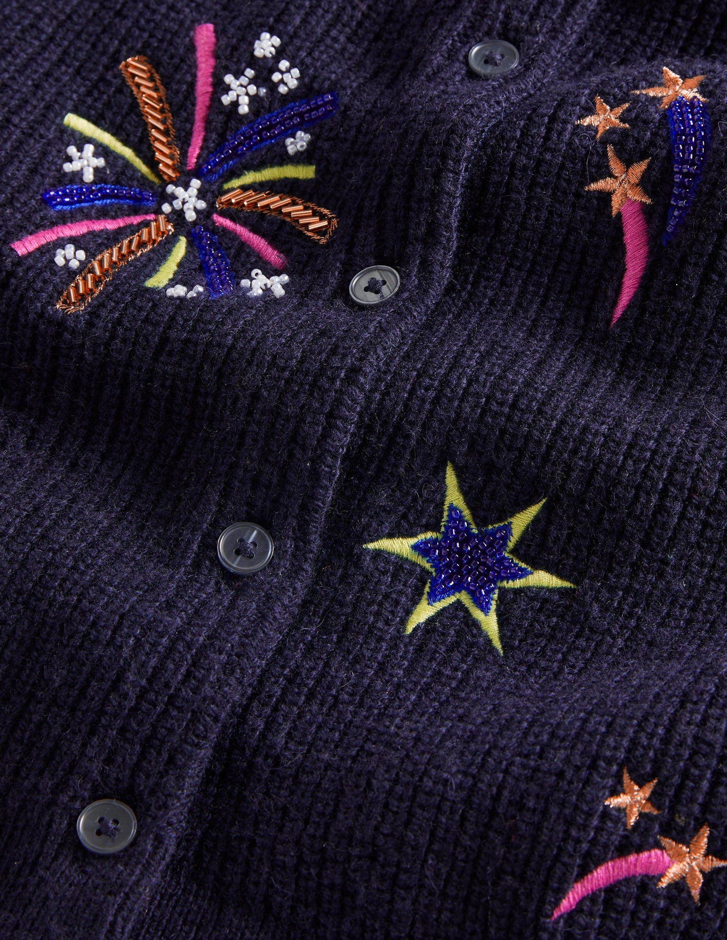 Navy Fireworks-Embellished Ribbed Cardigan-Navy, Embellished Fireworks