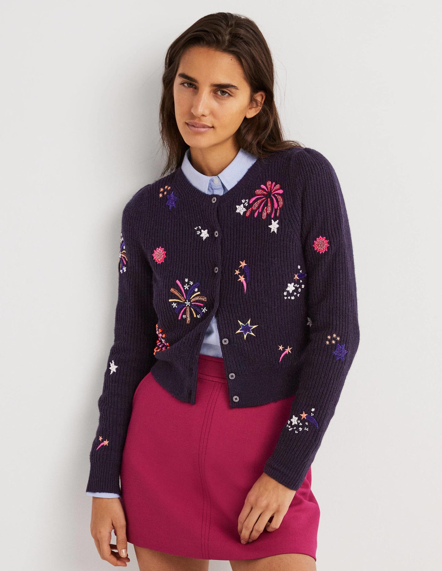 Navy Fireworks-Embellished Ribbed Cardigan-Navy, Embellished Fireworks