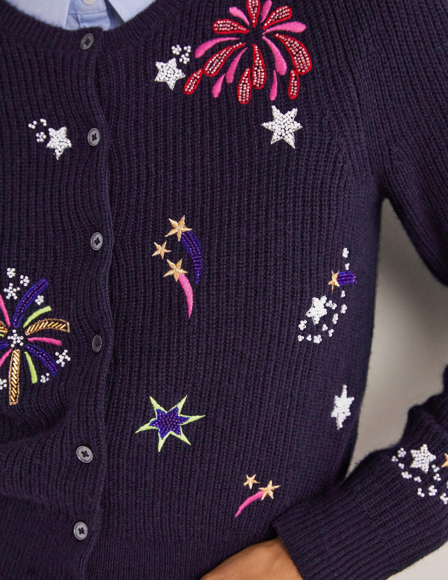 Navy Fireworks-Embellished Ribbed Cardigan-Navy, Embellished Fireworks