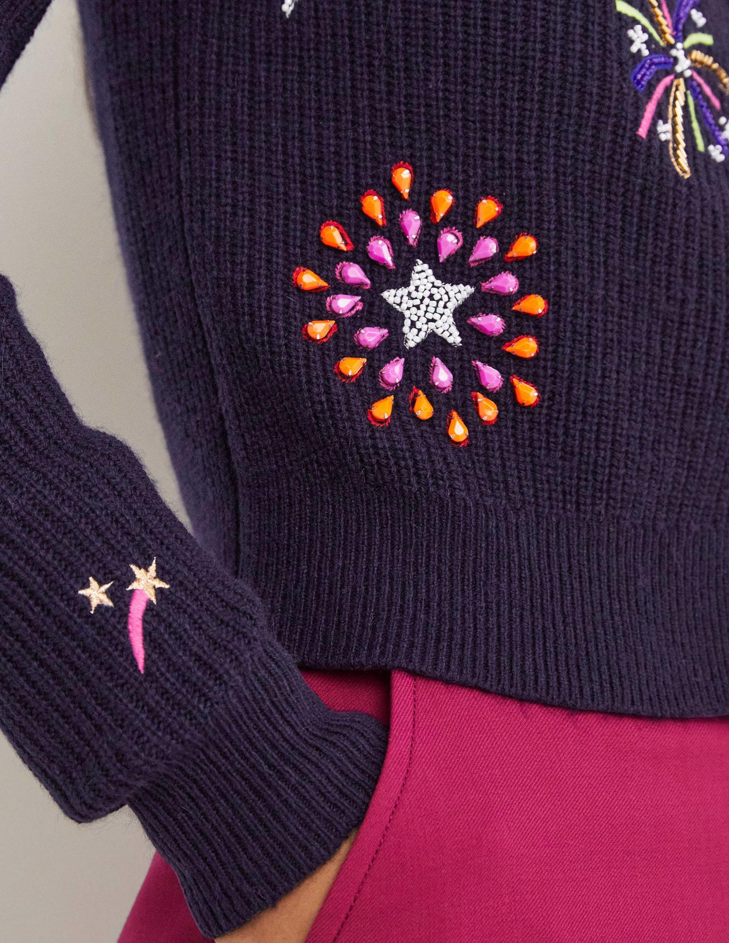 Navy Fireworks-Embellished Ribbed Cardigan-Navy, Embellished Fireworks