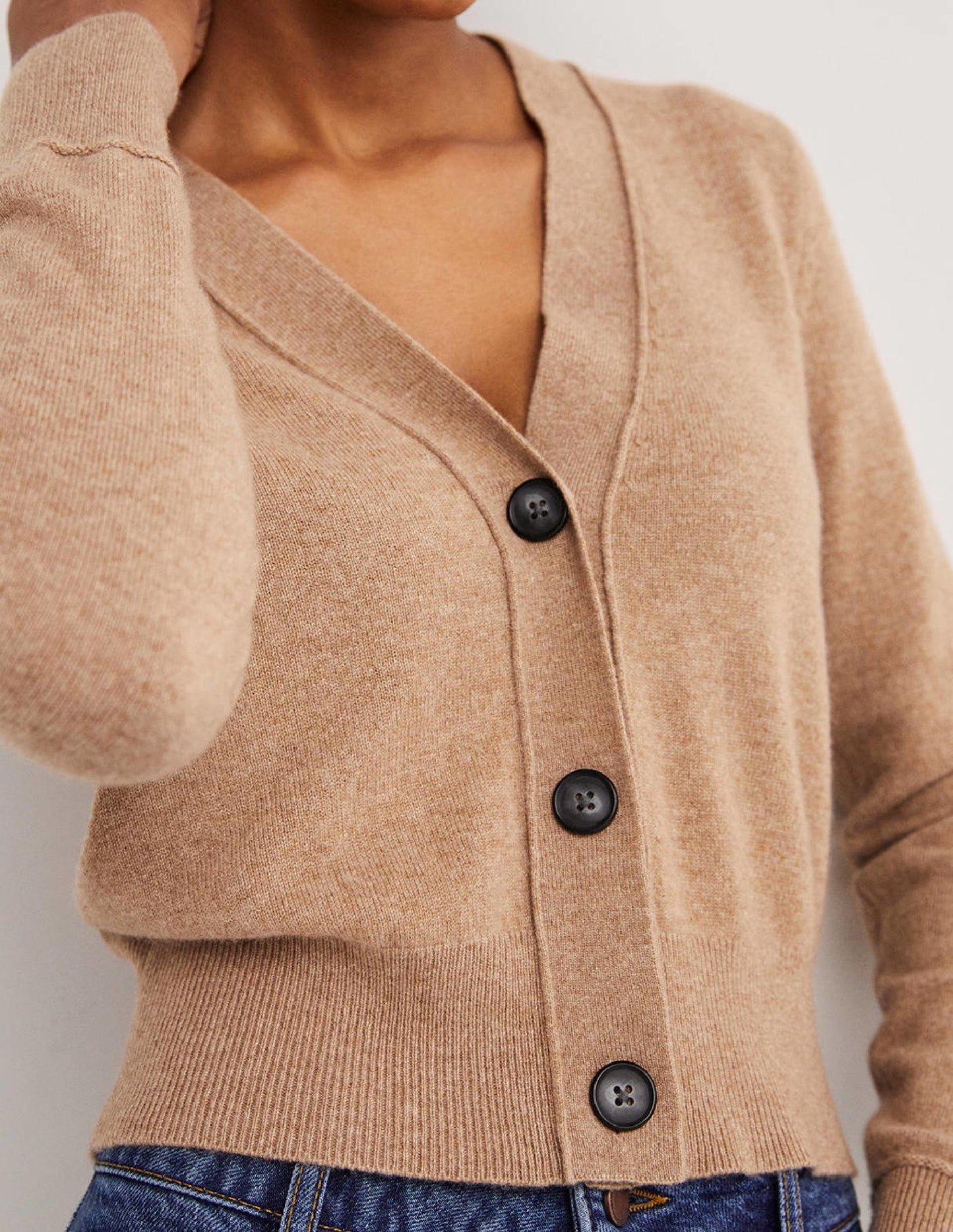 Cropped Cashmere V Cardigan-Camel Melange