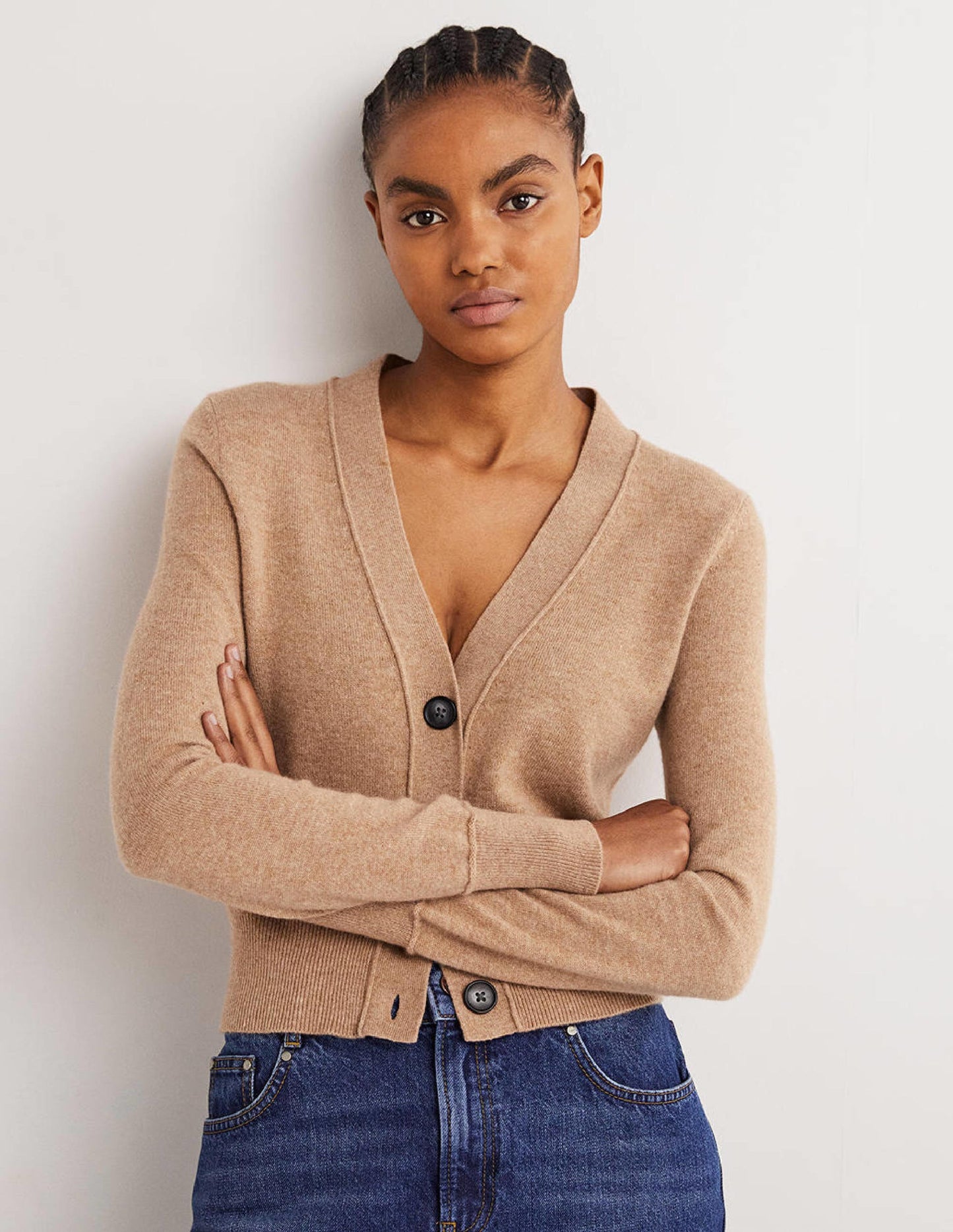 Cropped Cashmere V Cardigan-Camel Melange