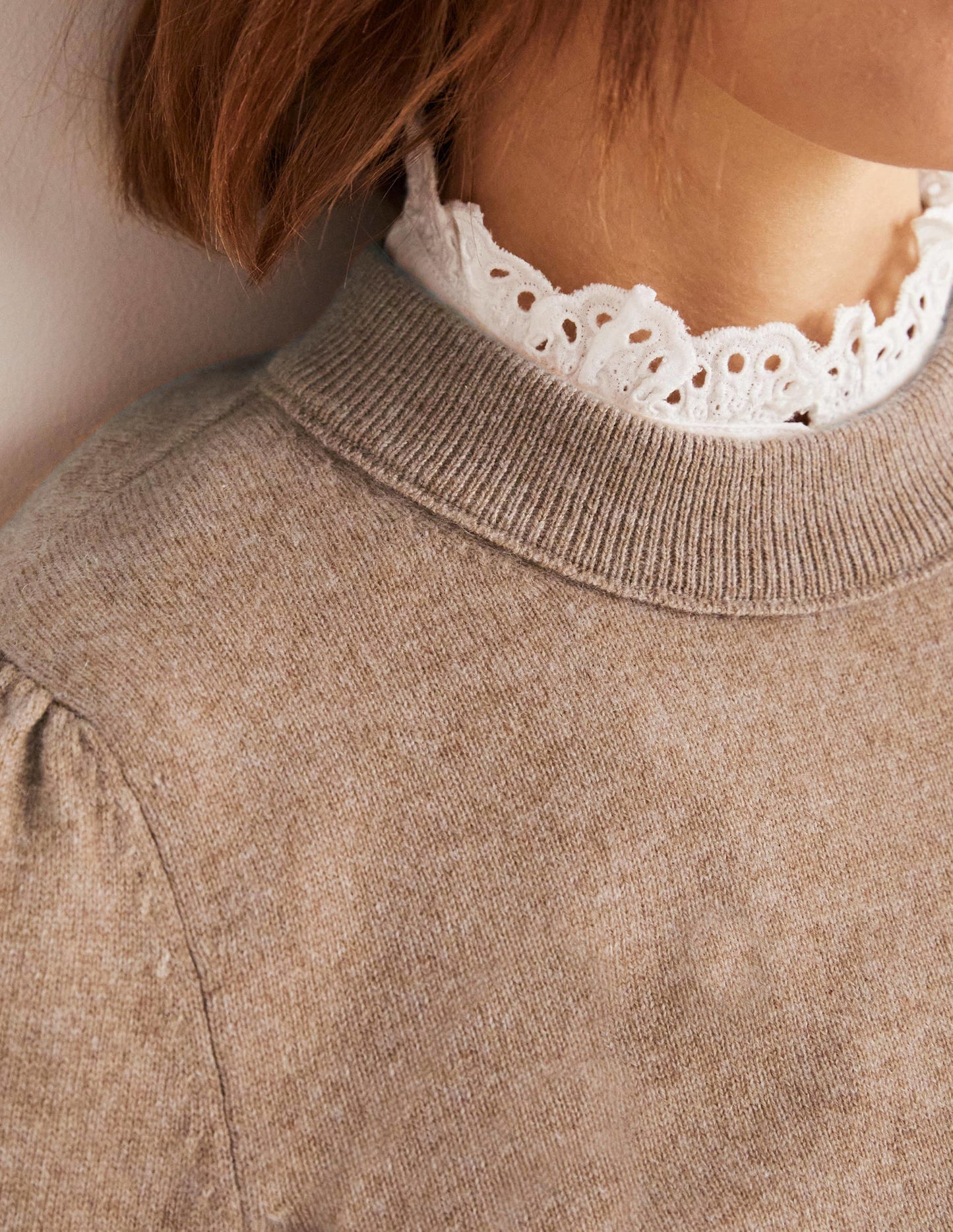 Cashmere Puff Shoulder Jumper-Camel Melange