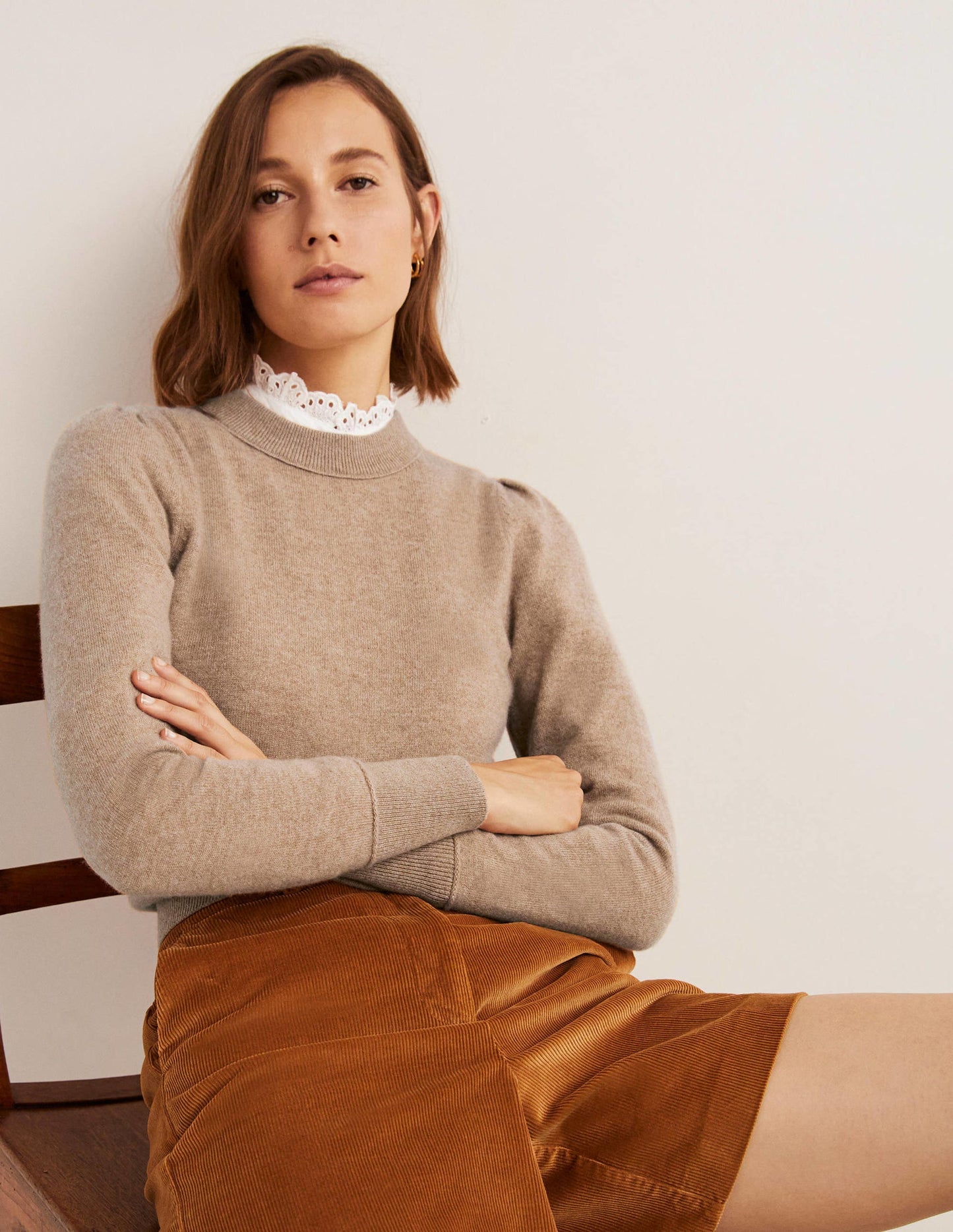 Cashmere Puff Shoulder Jumper-Camel Melange
