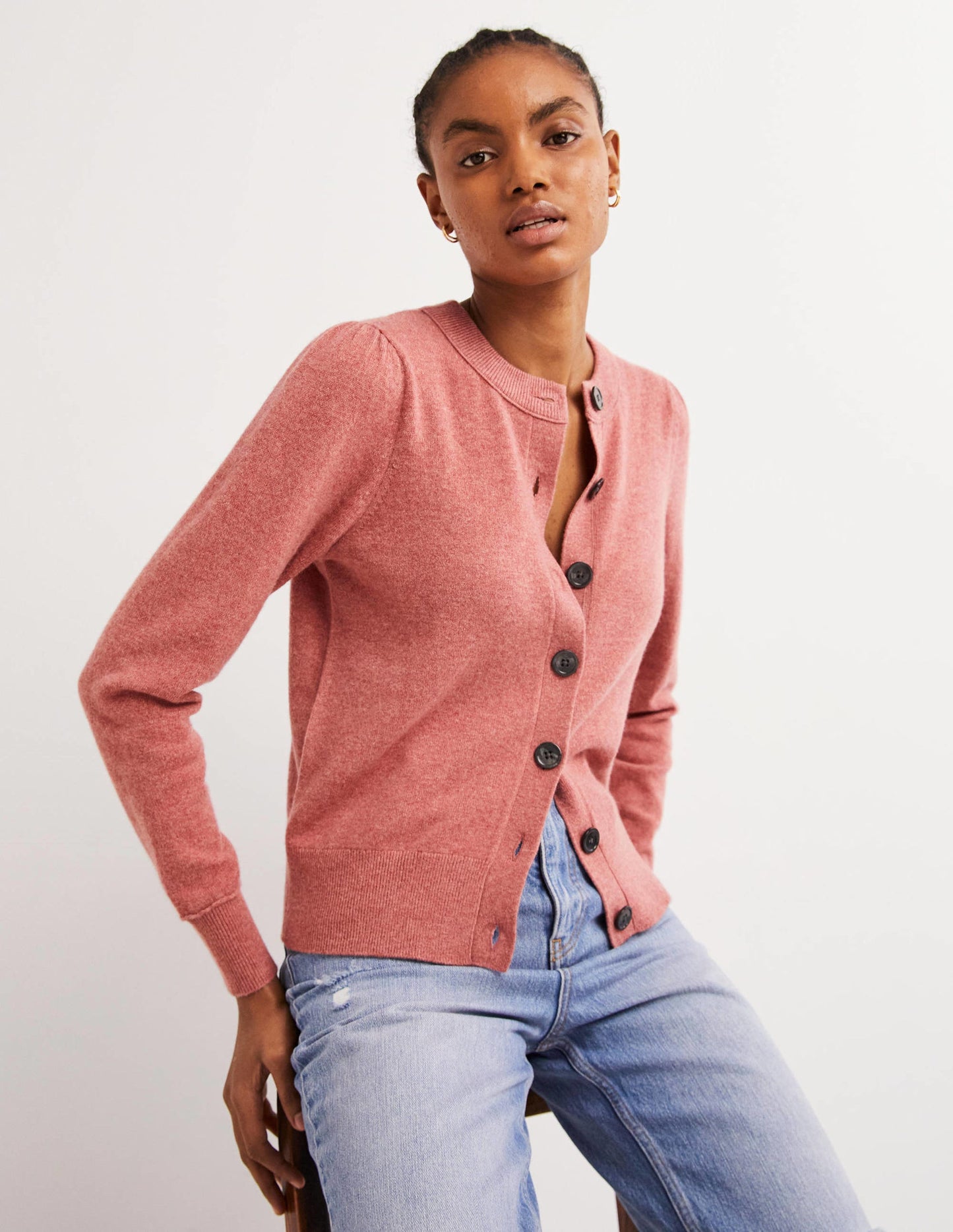 Cashmere Crew Neck Cardigan-Dusty Red Melange