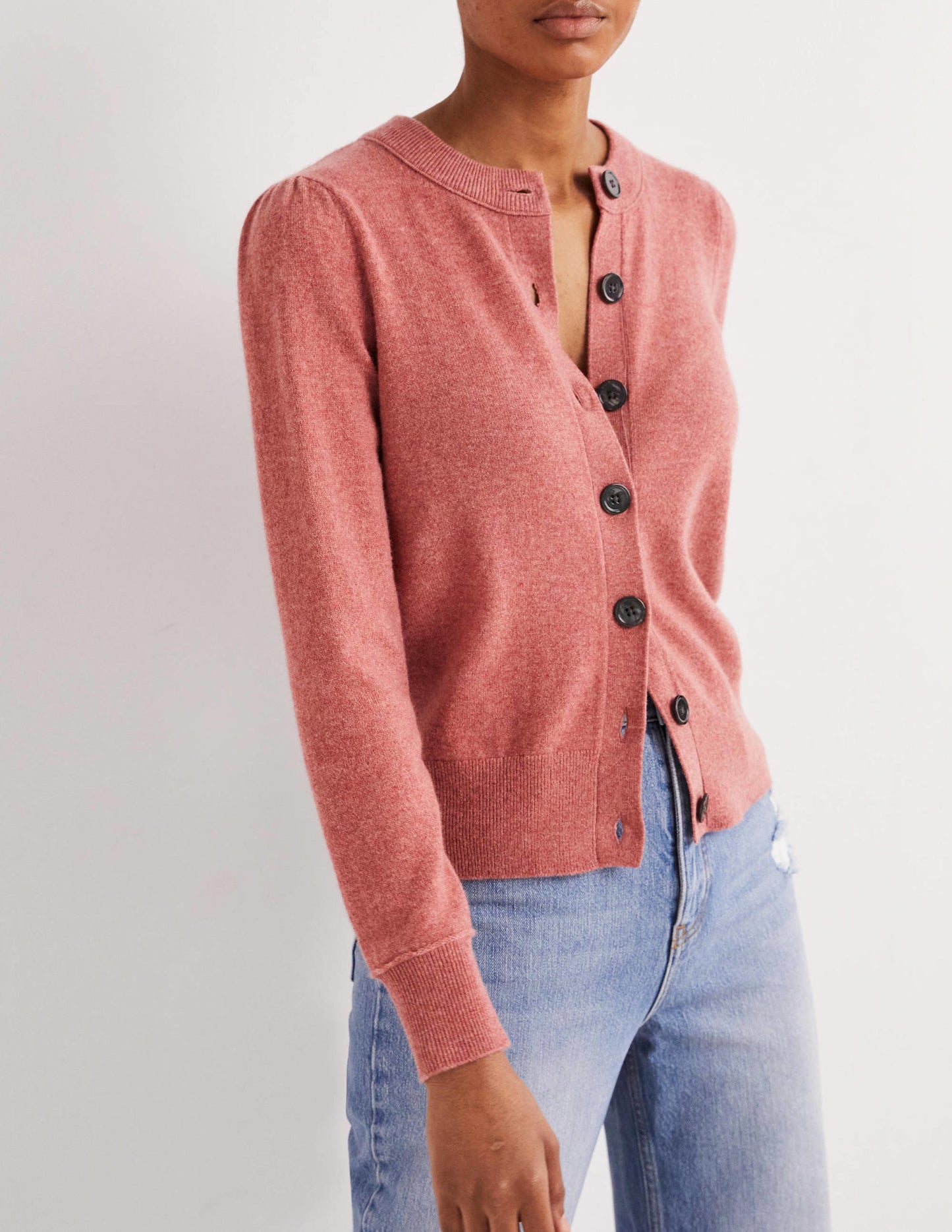 Cashmere Crew Neck Cardigan-Dusty Red Melange