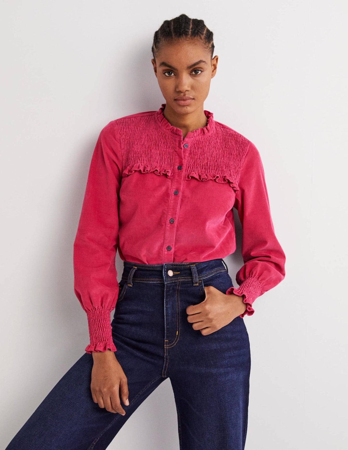 Smocked High Neck Shirt-Sweet Rose